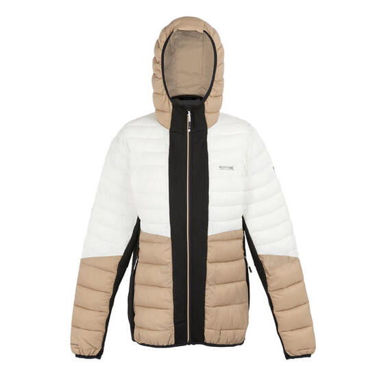 Dames Leedre Hybride Jas met Capuchon (Zwart/Warme taupe)