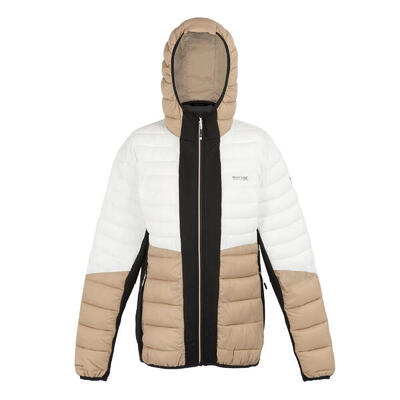 Dames leedre hybride jas met capuchon (zwart/warme taupe)