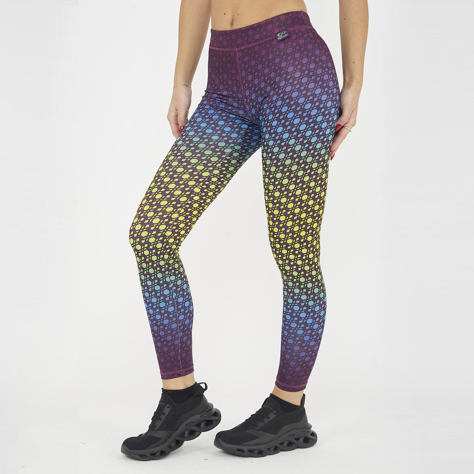 Damen Trainingsleggings NETMESH violett gelb fluo 3/6
