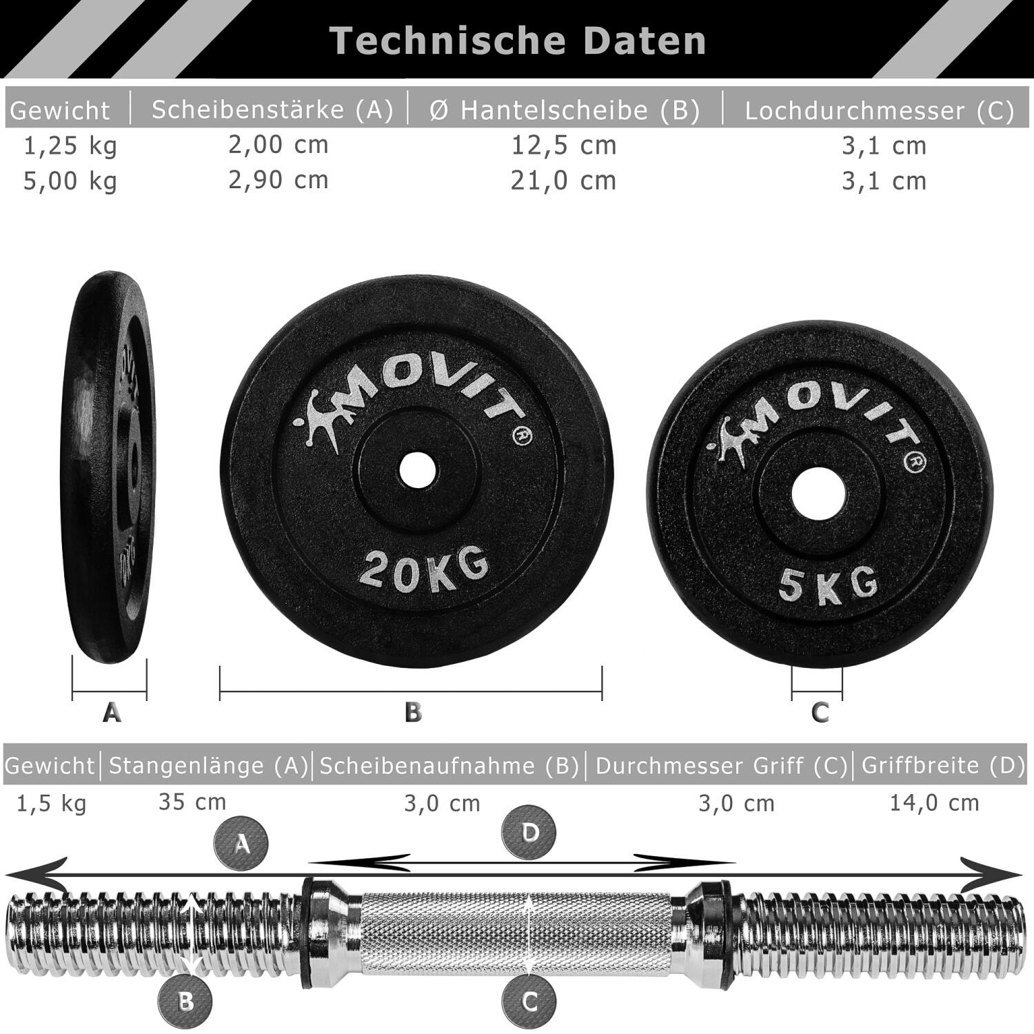 Kurzhantel Set - Gusseisen Hantel, 10kg, 15kg, 20kg, 25kg, 30kg, Stange 30mm 4/7