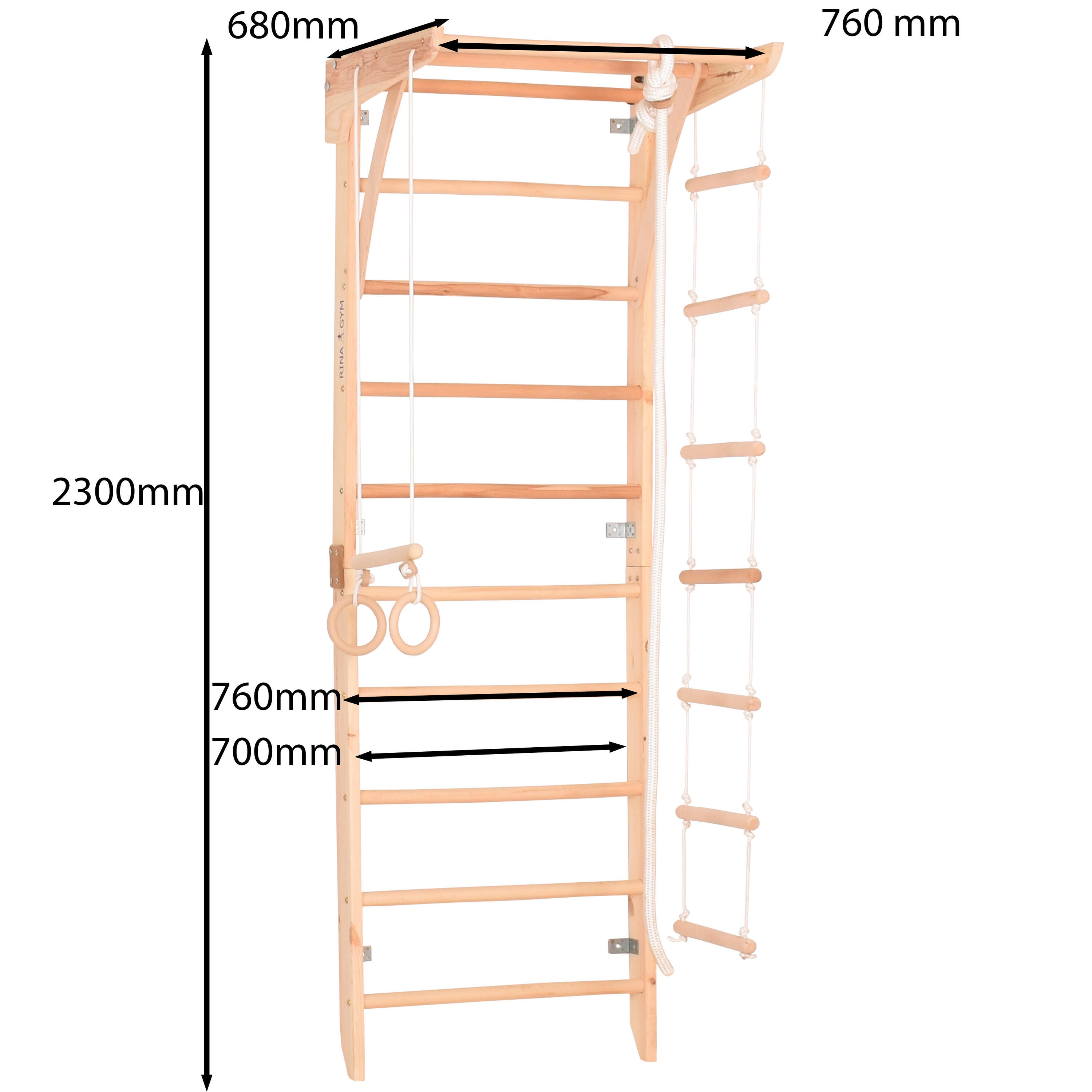 Espalier en bois pour enfants et adultes 230 cm barre de traction et anneaux 2/4