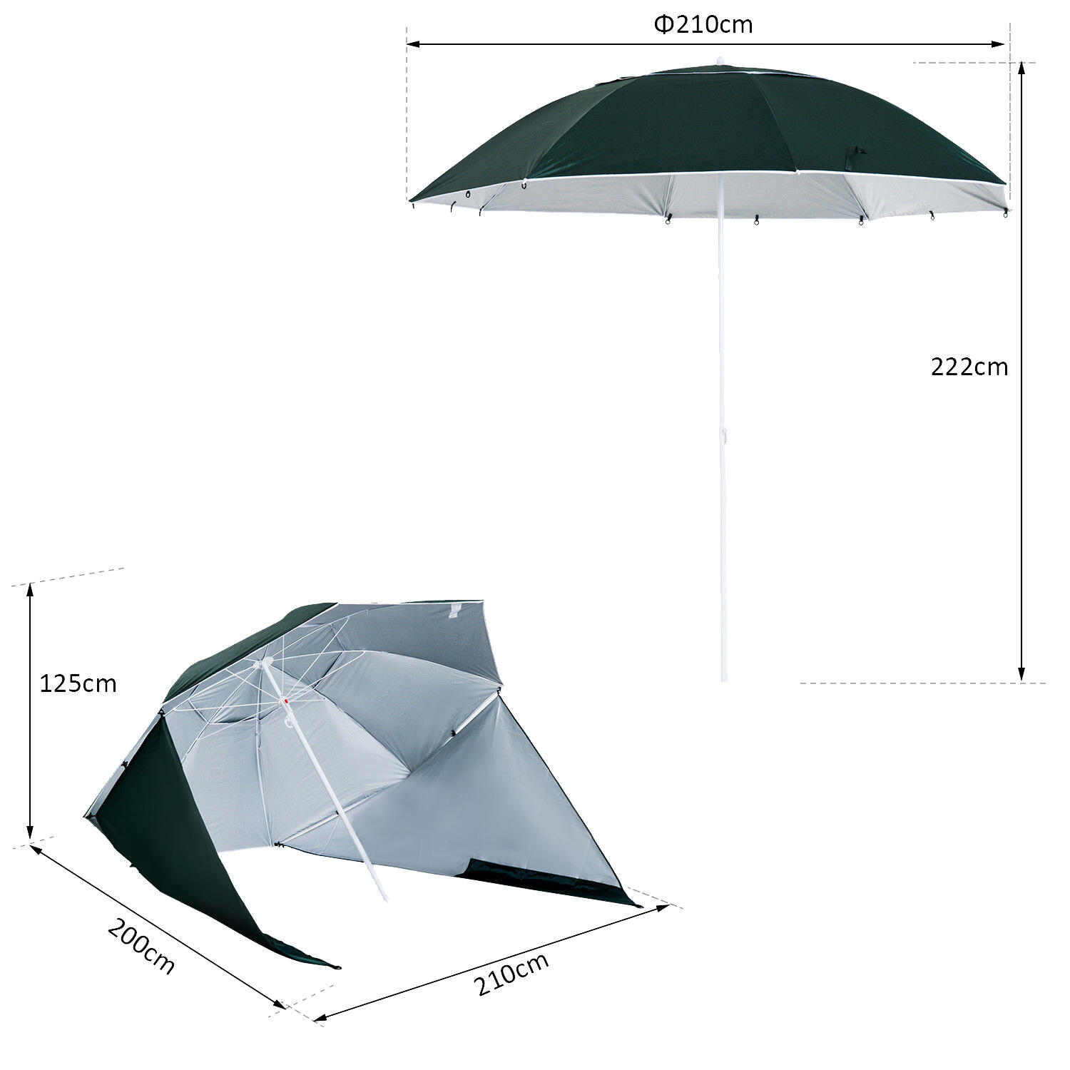 Guarda-Sol de Praia Outsunny com revestimento UV50 Φ210x222 cm Verde escuro 3/5