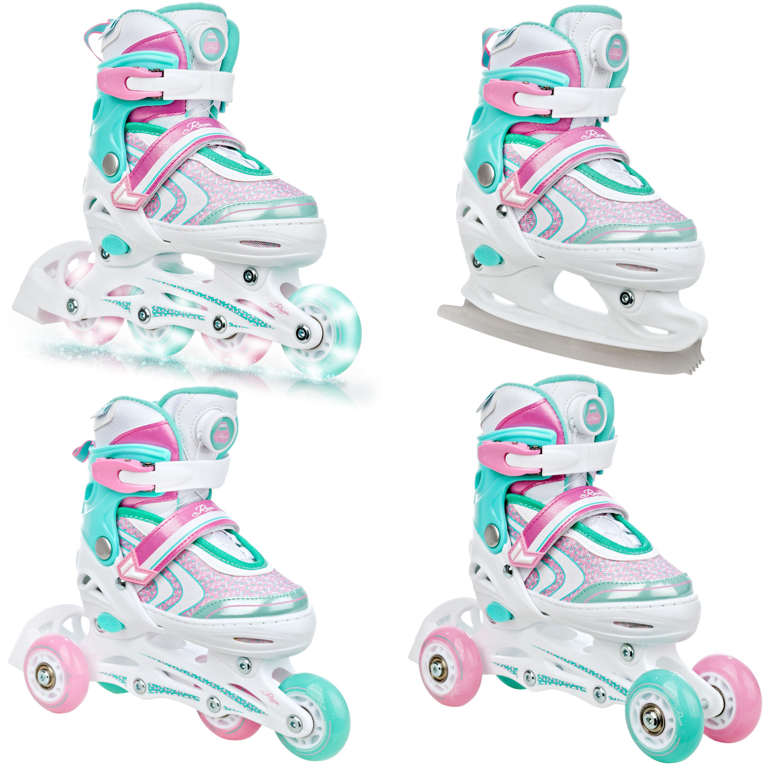 Raven - Patins À Roulettes Patins Ajustables 4in1 Lia Plus Roues Lumineuses - Rollers En Ligne - Blanc|rose|vert - Decathlon