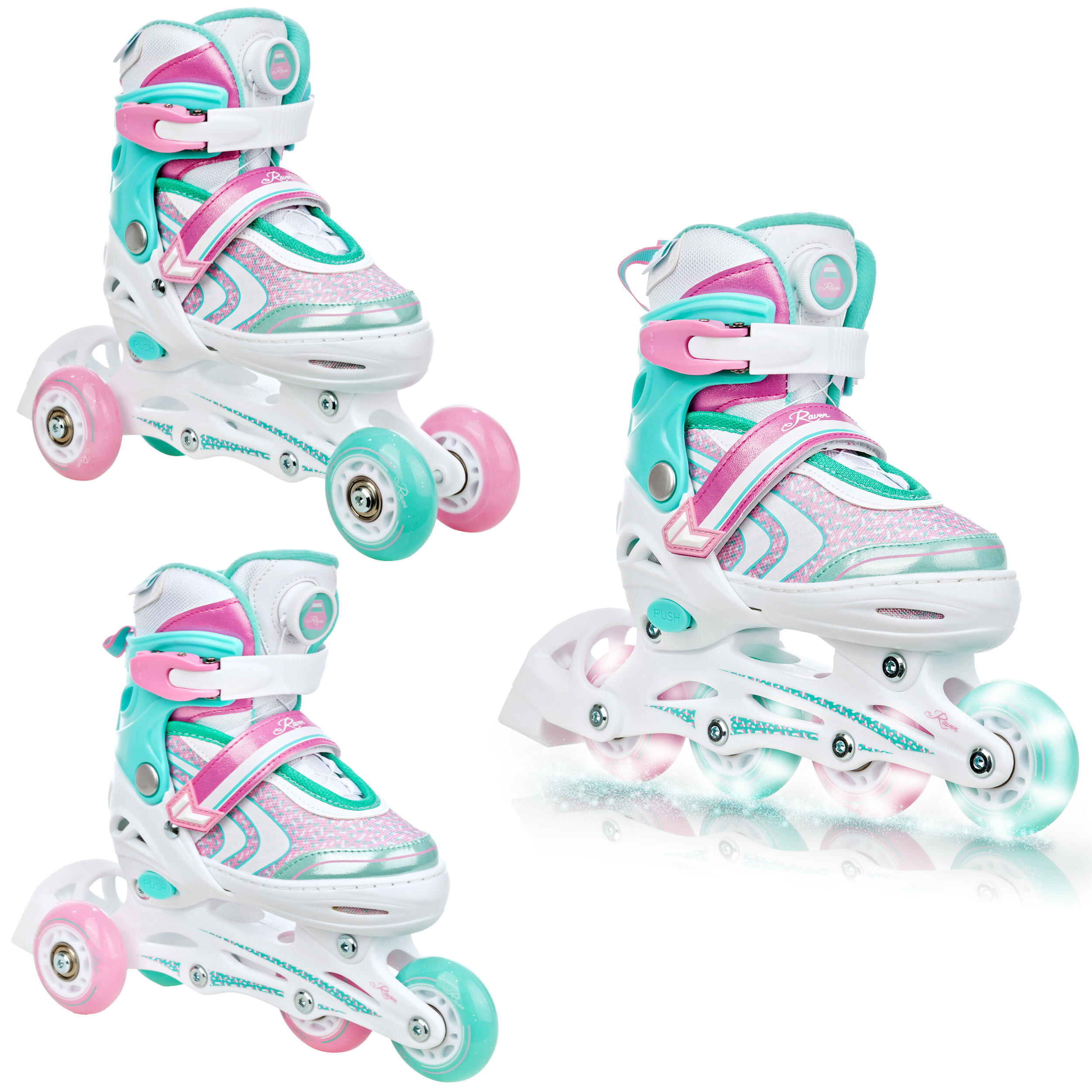 RAVEN Raven Lia PLUS 3 em 1 Patins ajustáveis Rodas luminosas com LED