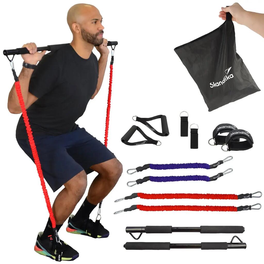 Multi‑Resistance Bands with Bar - Fitness Set - Red/Blue