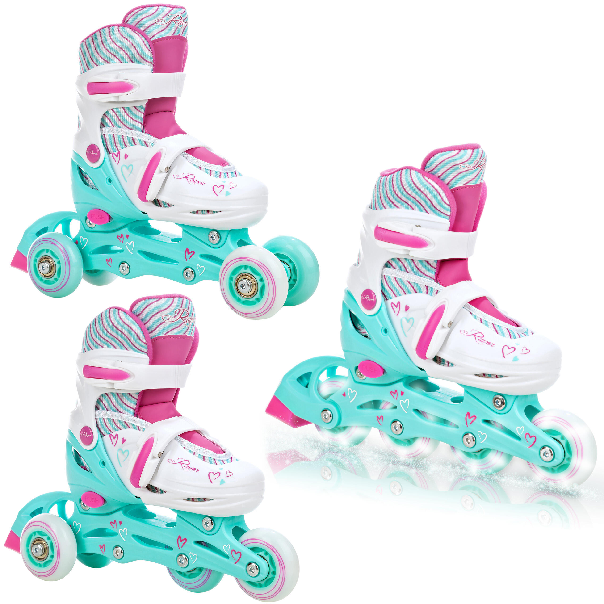 RAVEN Patines Ajustables 3en1 Ruedas Luminosas Loret Blanco/Menta/Rosa