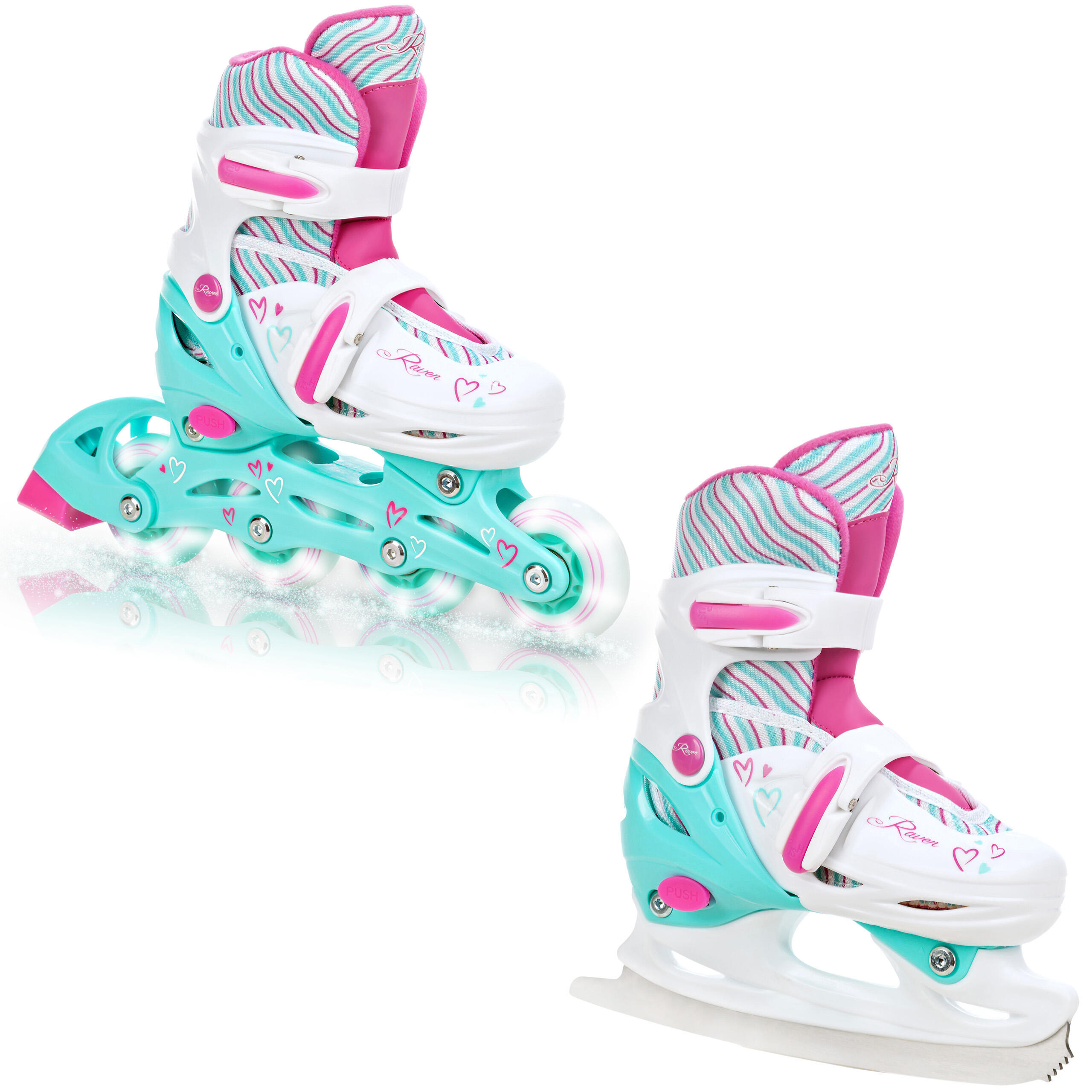 Raven - Raven Loret Patins À Roulettes Ajustables 2in1 Roues Lumineuses - Rollers En Ligne - Blanc|rose|vert - 27/30 - Decathlon