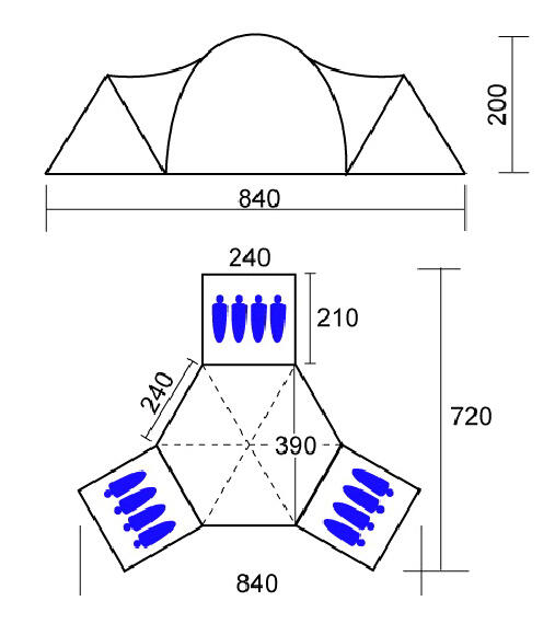 Familietent Turin 12 - Campingtent voor 12 personen, 3 slaapcabines - Koepeltent 7/7