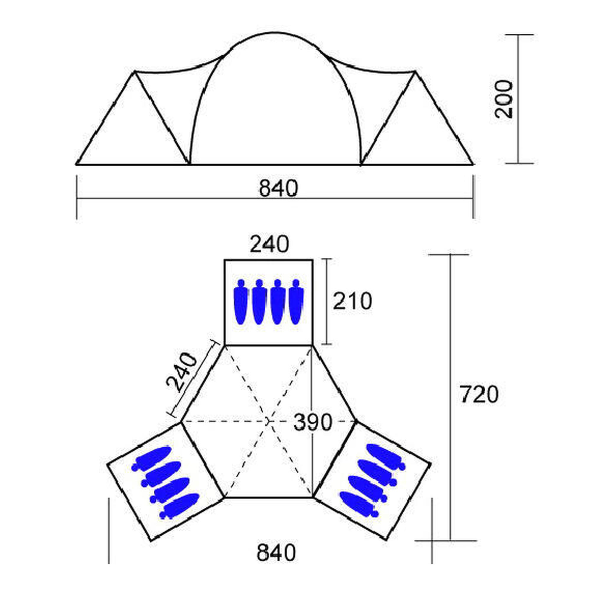 Tente dôme familiale Turin 12 – 12 personnes - 3 cabines - 840x720cm