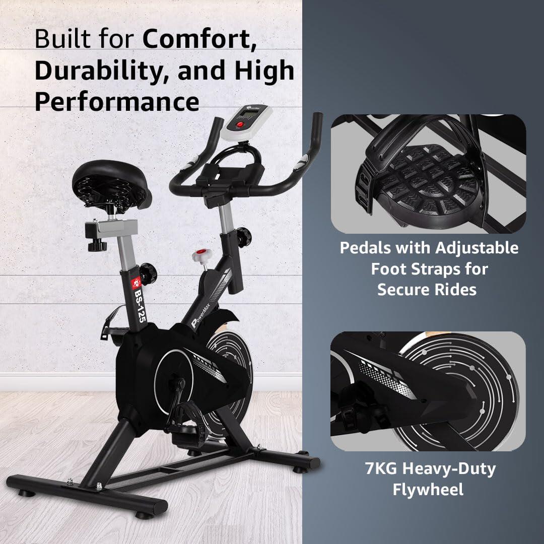 PowerMax Fitness BS-125 Spin Exercise Bike for Home use, 16mm 7Kg Flywheel, Max User Weight 130kg, LCD Display, 2pc Crank, Heart