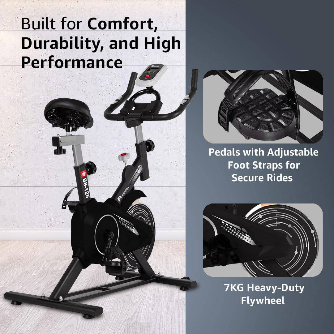 PowerMax Fitness BS-125 Spin Exercise Bike for Home use, 16mm 7Kg Flywheel, Max User Weight 130kg, LCD Display, 2pc Crank, Heart -  3