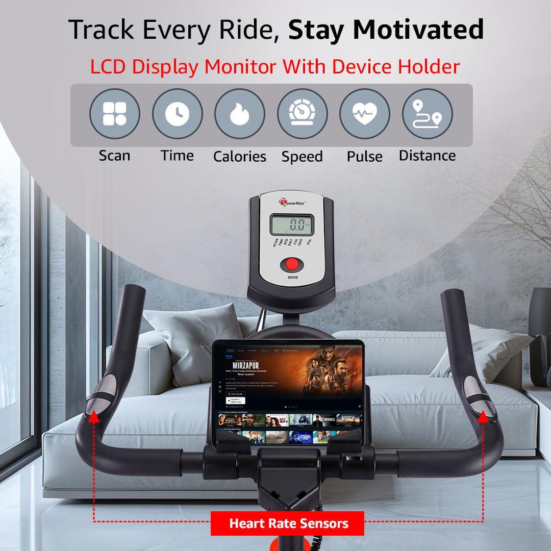PowerMax Fitness BS-125 Spin Exercise Bike for Home use, 16mm 7Kg Flywheel, Max User Weight 130kg, LCD Display, 2pc Crank, Heart