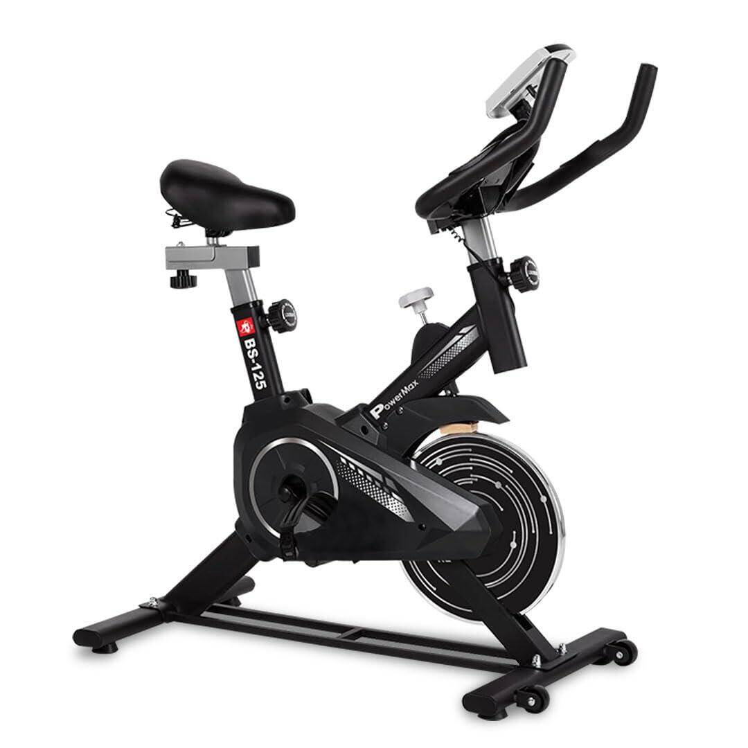PowerMax Fitness BS-125 Spin Exercise Bike for Home use, 16mm 6Kg Flywheel, Max User Weight 130kg, LCD Display, 2pc Crank, Heart rate sensor, Knob braking, Adjustable foot strap and seat
