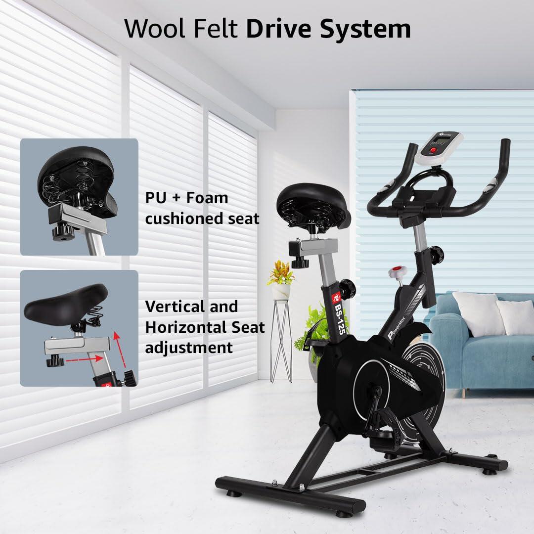 PowerMax Fitness BS-125 Spin Exercise Bike for Home use, 16mm 7Kg Flywheel, Max User Weight 130kg, LCD Display, 2pc Crank, Heart