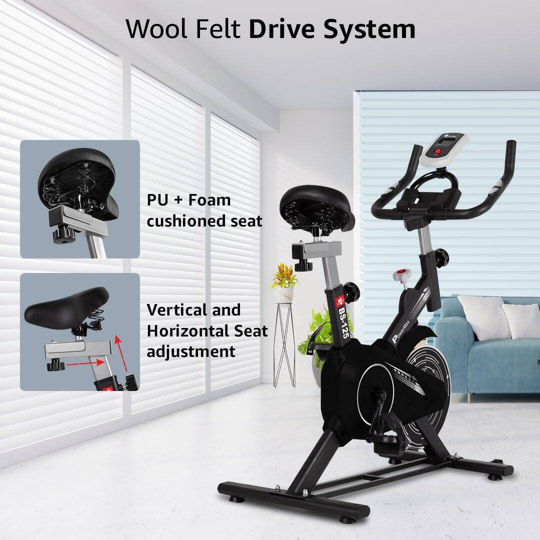 PowerMax Fitness BS-125 Spin Exercise Bike for Home use, 16mm 7Kg Flywheel, Max User Weight 130kg, LCD Display, 2pc Crank, Heart -  5