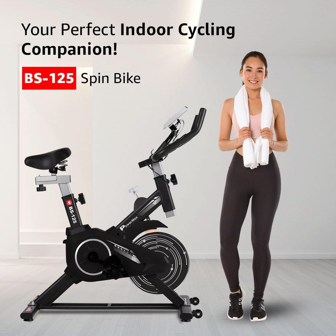 PowerMax Fitness BS-125 Spin Exercise Bike for Home use, 16mm 7Kg Flywheel, Max User Weight 130kg, LCD Display, 2pc Crank, Heart