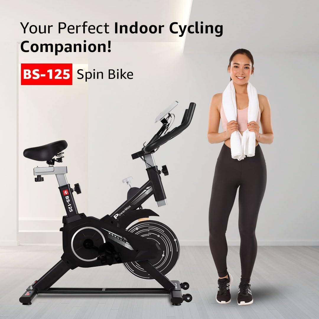 PowerMax Fitness BS-125 Spin Exercise Bike for Home use, 16mm 7Kg Flywheel, Max User Weight 130kg, LCD Display, 2pc Crank, Heart -  2