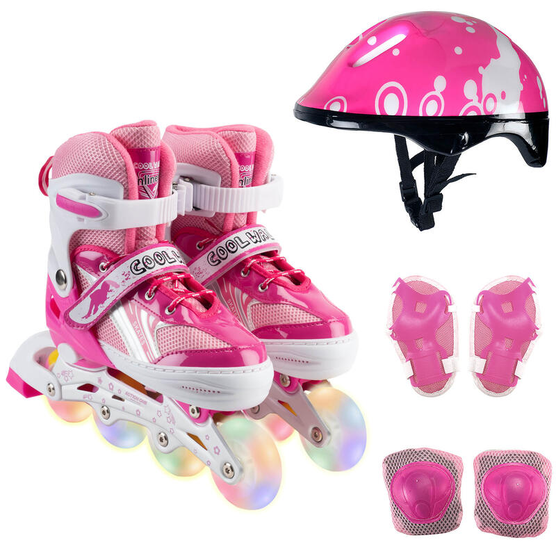 Set de role Pinky cu casca si protectii in rucsac, marimea M (35-38), roz