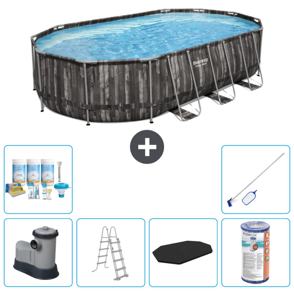 Bestway - Piscine Oval Power Steel - 610x366x122 Cm + Accessoires Cb32 - Piscine - Gris - Taille Unique - Decathlon