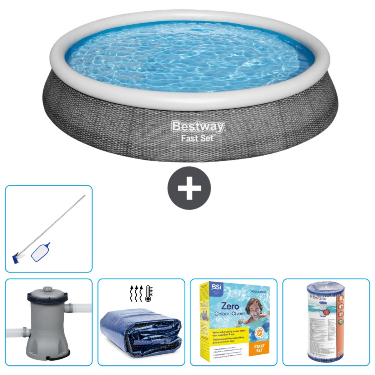 Bestway - Piscine Gonflable Ronde Fast Set - 396x84 Cm + Accessoires Cb20 - Piscine - Gris - Taille Unique - Decathlon