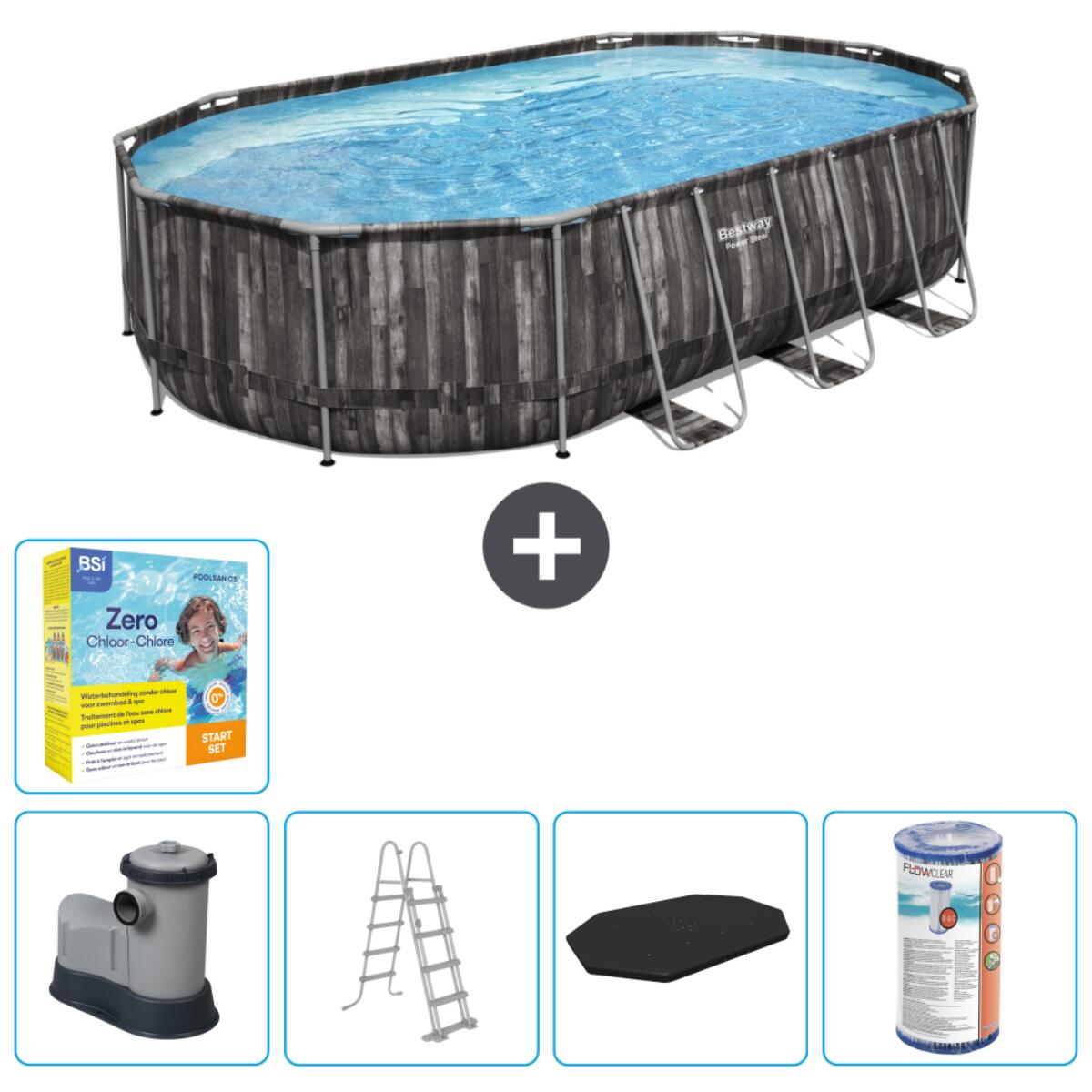 Bestway - Piscine Oval Power Steel - 610x366x122 Cm + Accessoires Cb33 - Piscine - Gris - Taille Unique - Decathlon