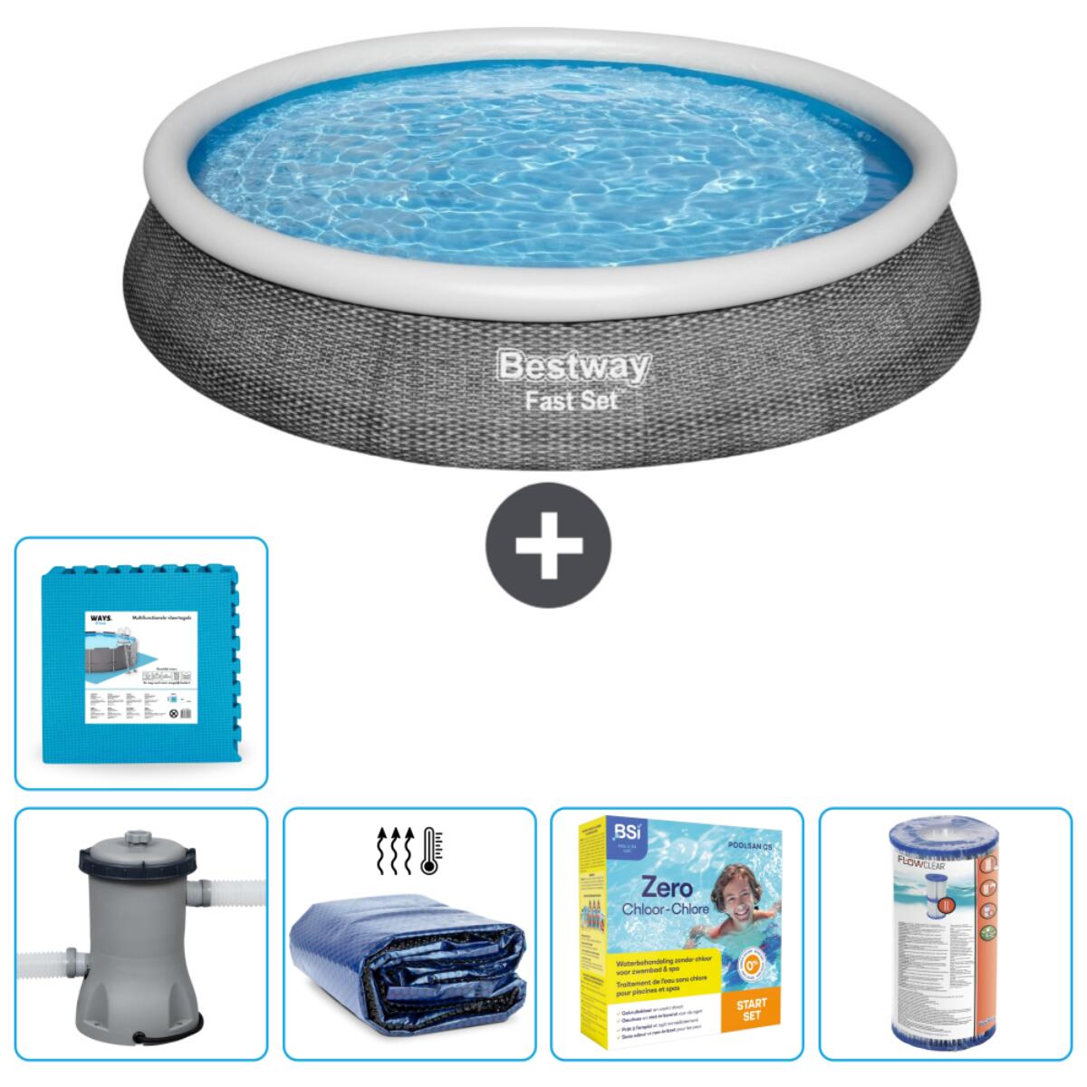 Bestway - Piscine Gonflable Ronde Fast Set - 396x84 Cm + Accessoires Cb17 - Piscine - Gris - Taille Unique - Decathlon