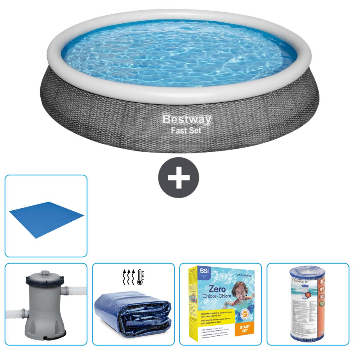 Bestway - Piscine Gonflable Ronde Fast Set - 396x84 Cm + Accessoires Cb16 - Piscine - Gris - Taille Unique - Decathlon