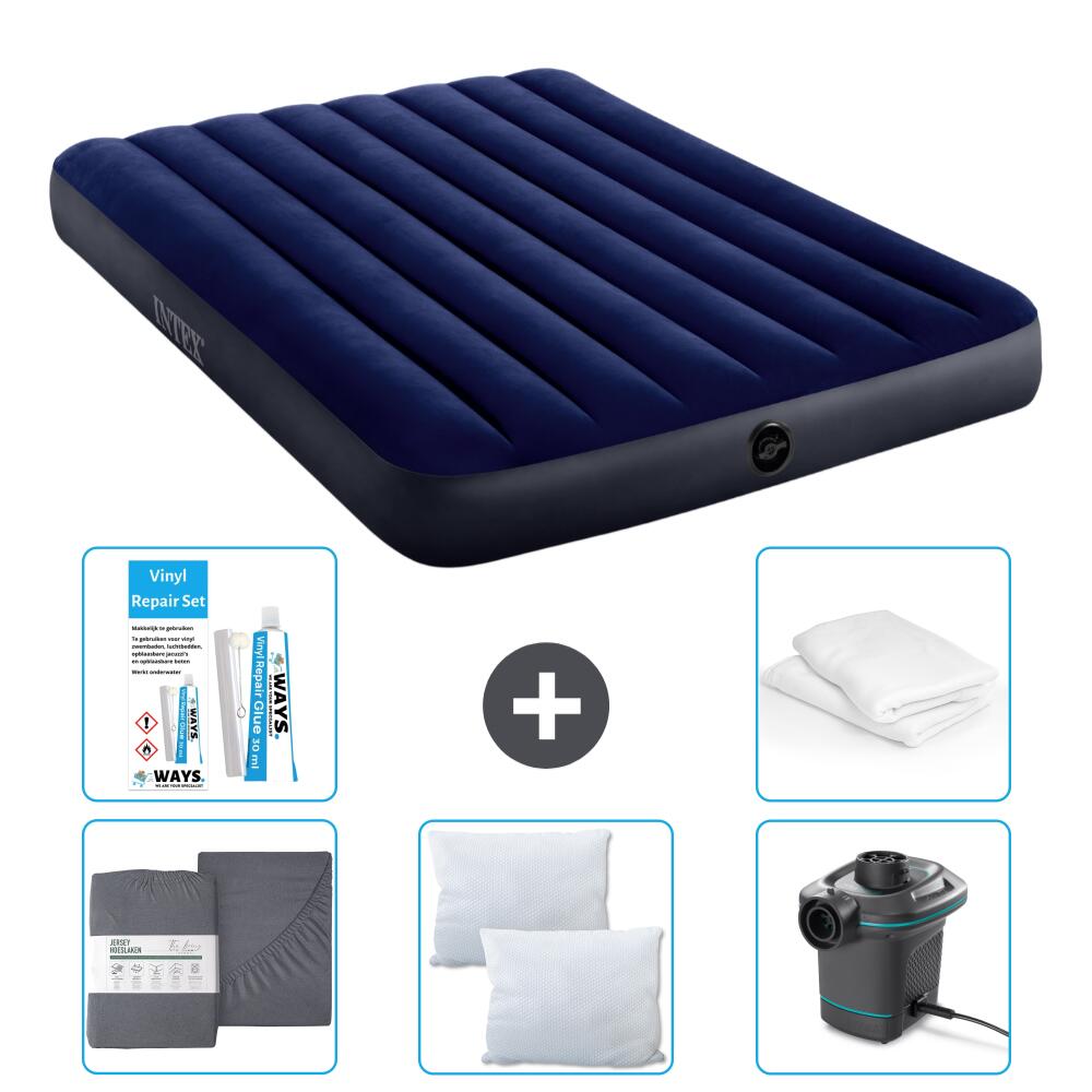 Intex - Matelas Gonflable Intex Classic - 2p - 191x137x25 Cm + Accessoires Cb10 - Matelas Gonflable - Bleu - 191 Cm - Decathlon