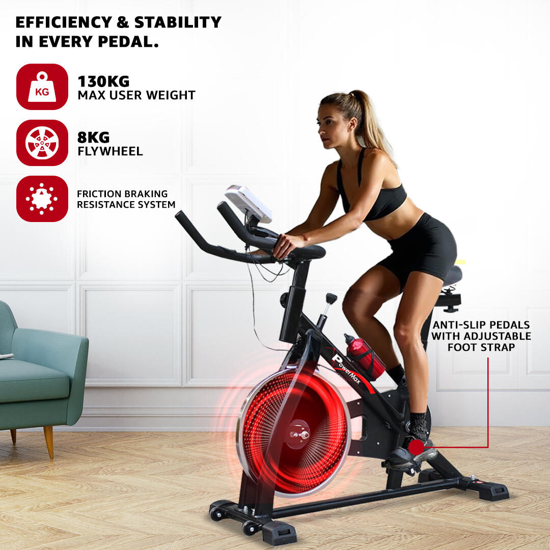 PowerMax Fitness BS-130 Spin Exercise Bike [8Kg Flywheel, Max User Weight 130kg, LCD Display, 3pc Crank, Bottle Holder, Anti-slip Pedals and Comfortable Seat] 1 Year Manufacturer Warranty, Black