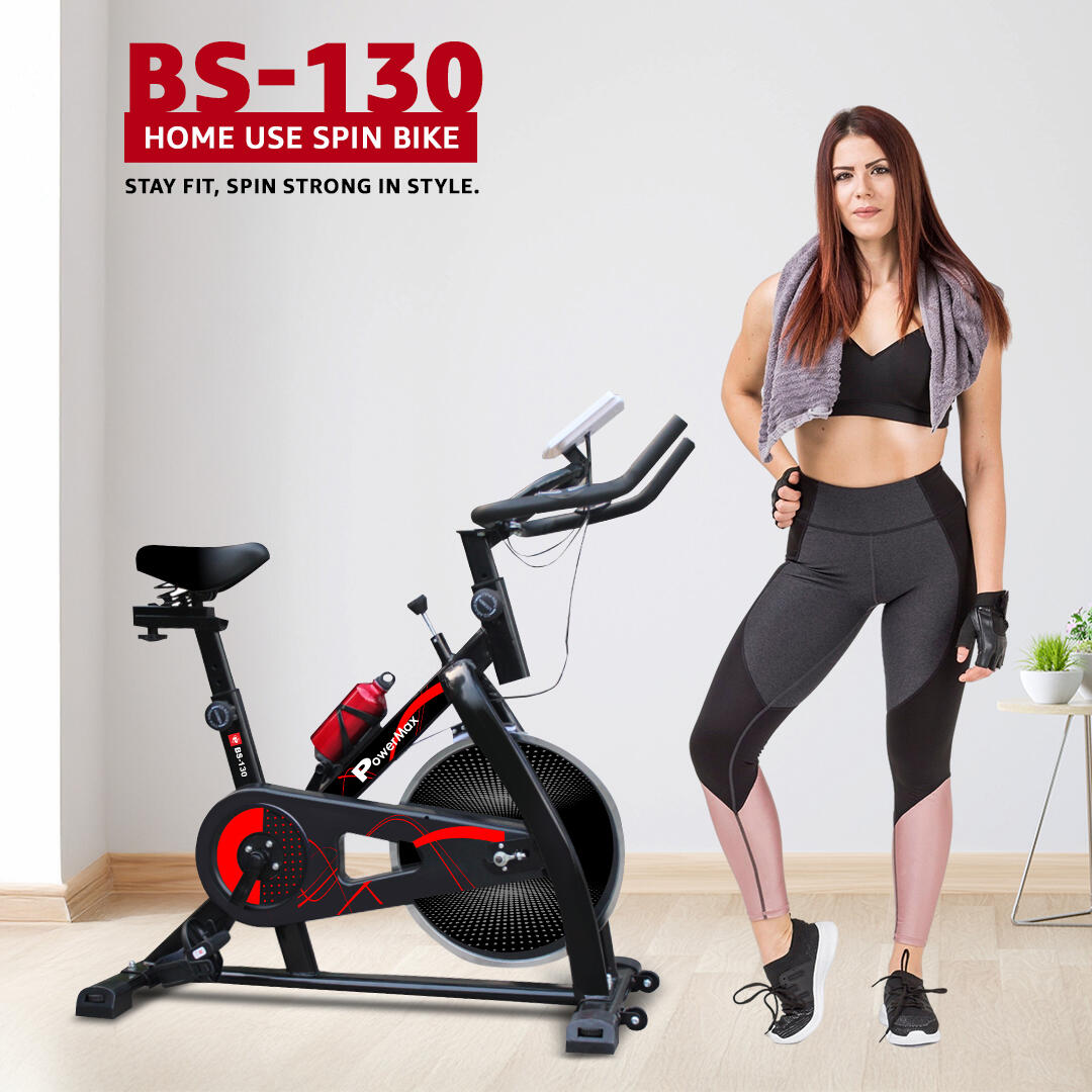 PowerMax Fitness BS-130 Spin Exercise Bike [8Kg Flywheel, Max User Weight 130kg, LCD Display, 3pc Crank, Bottle Holder, Anti-slip Pedals and Comfortable Seat] 1 Year Manufacturer Warranty, Black