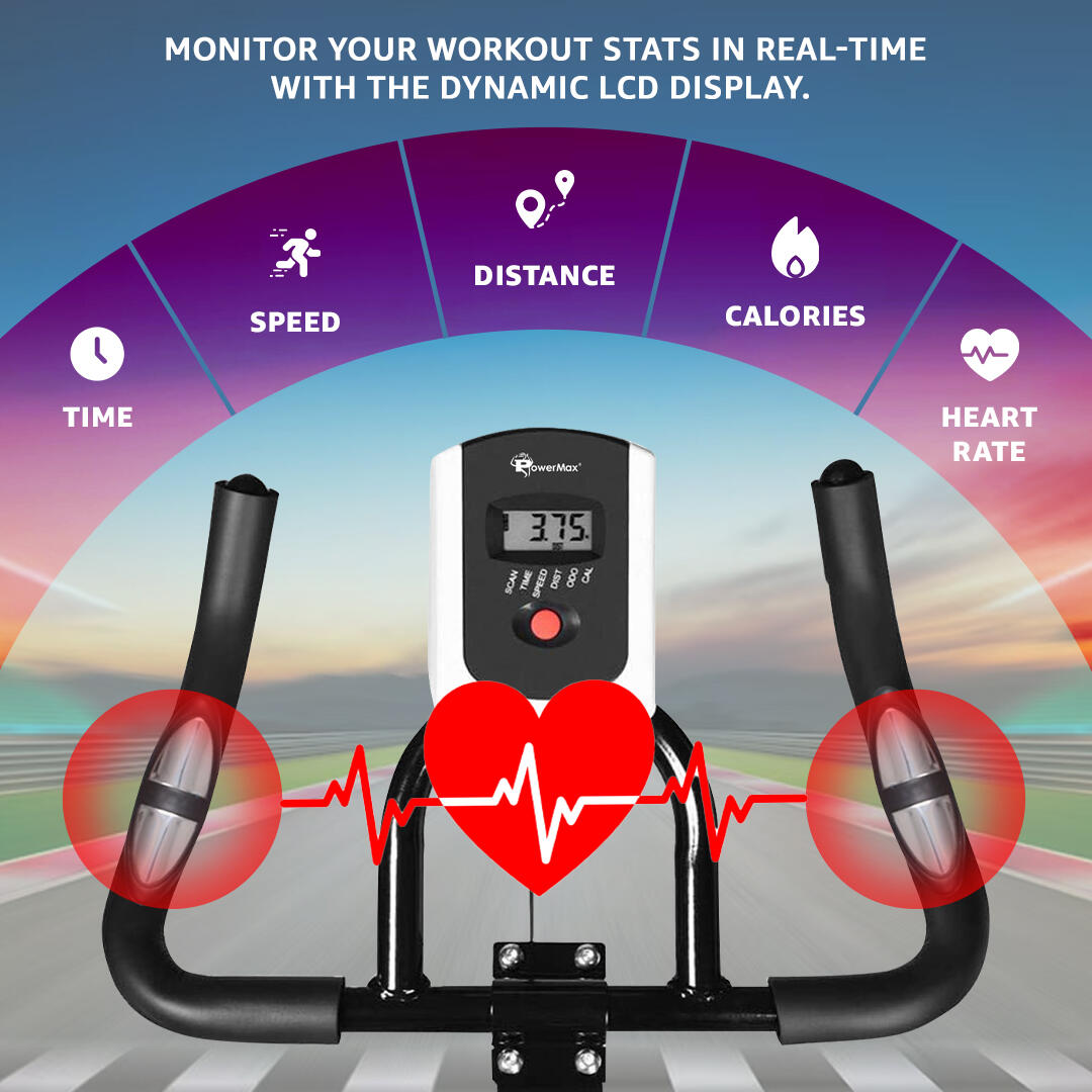 PowerMax Fitness BS-130 Spin Exercise Bike [8Kg Flywheel, Max User Weight 130kg, LCD Display, 3pc Crank, Bottle Holder, Anti-slip Pedals and Comfortable Seat] 1 Year Manufacturer Warranty, Black