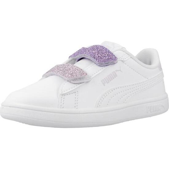 Zapatillas Casual Niña Puma Smash 3.0 L Glitter Velcro V PS 395609-06 Blancas