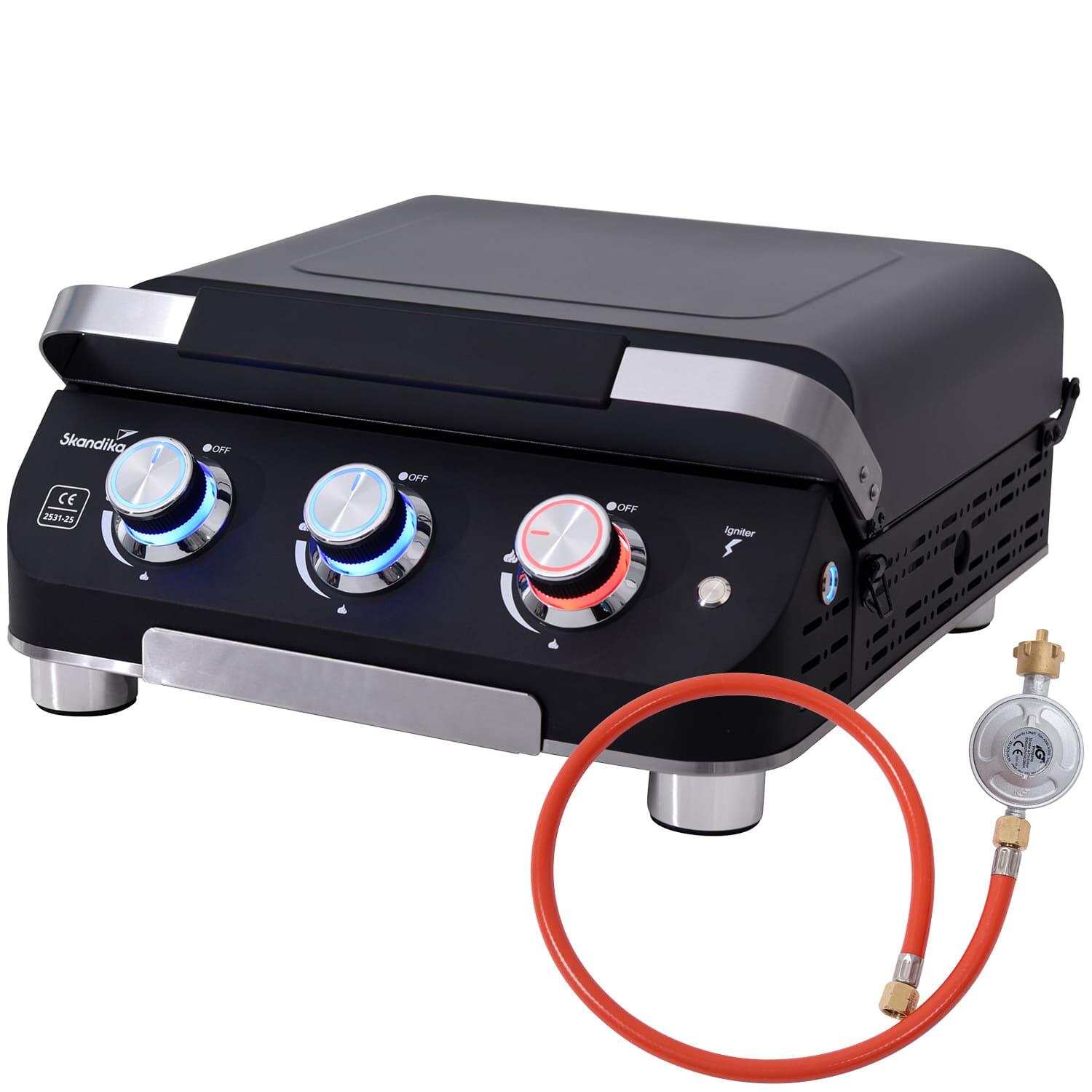 SKANDIKA Gasplancha mit Deckel Palo - Gas Plancha Grillplatte - 3 Brenner - Abtropfschale