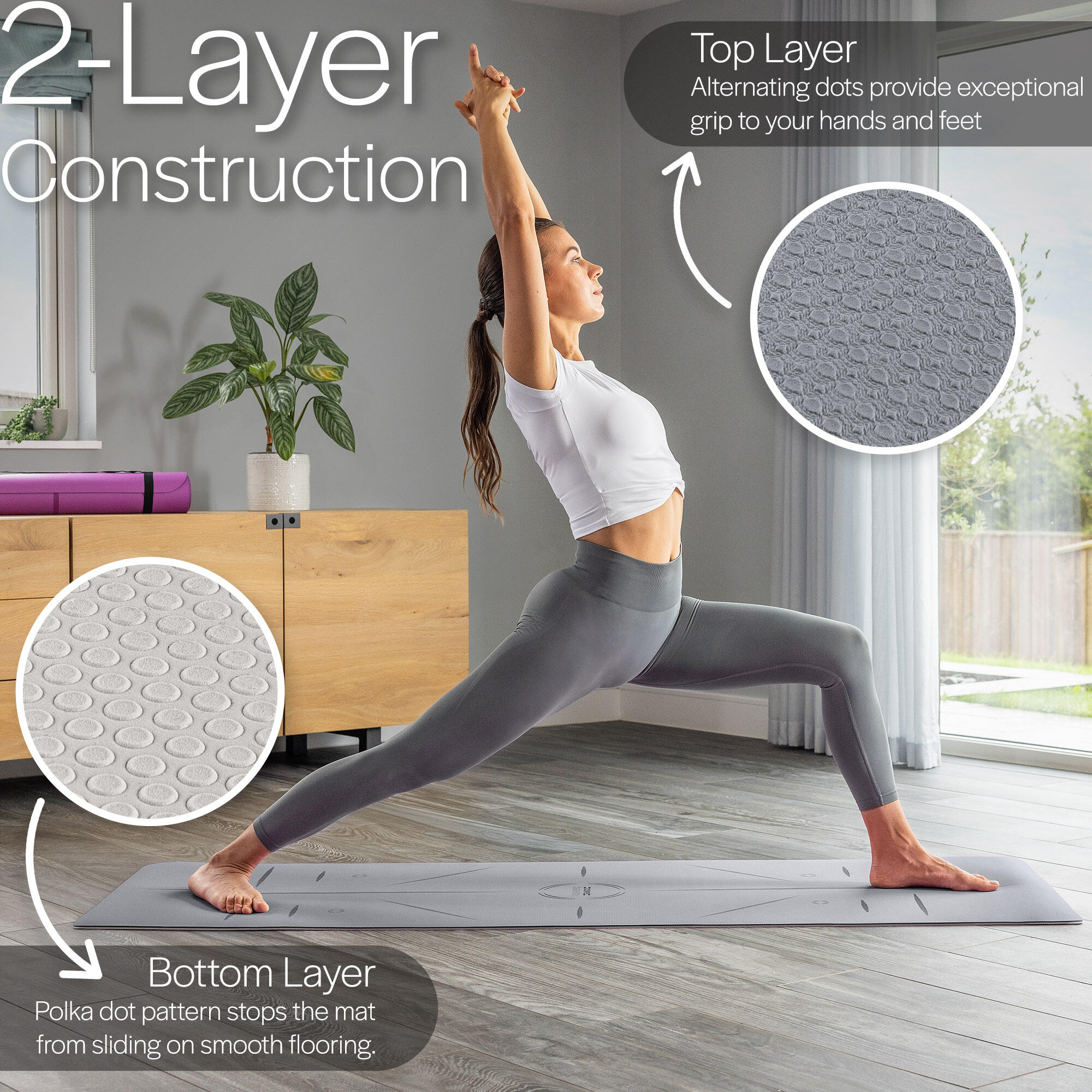 TPE Yoga Mat With Body Alignment Lines Non Slip Extra Wide 6mm Foam Core Balance 3/6