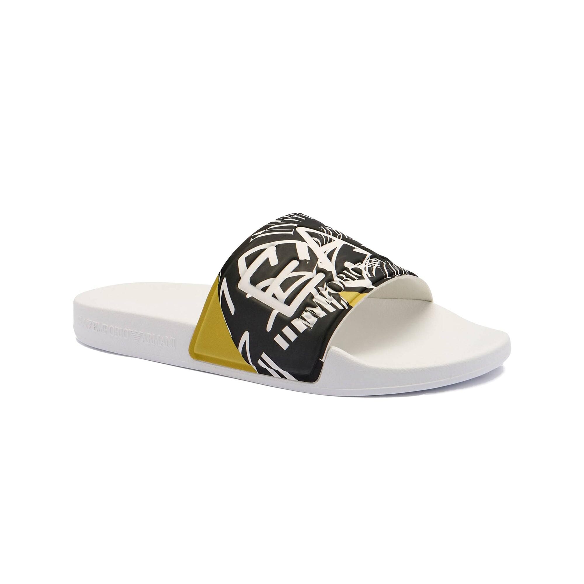 EMPORIO ARMANI CONNECTED Visibility Logo Slides White/Antique Moss Rings Print