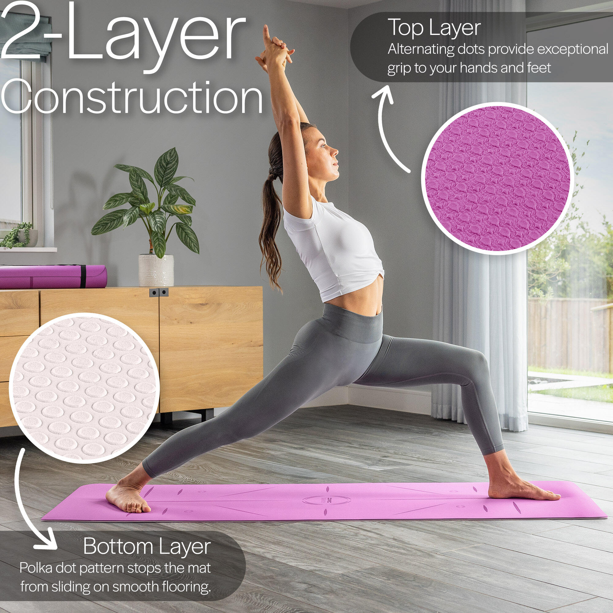 TPE Yoga Mat With Body Alignment Lines Non Slip Extra Wide 6mm Foam Core Balance 3/6