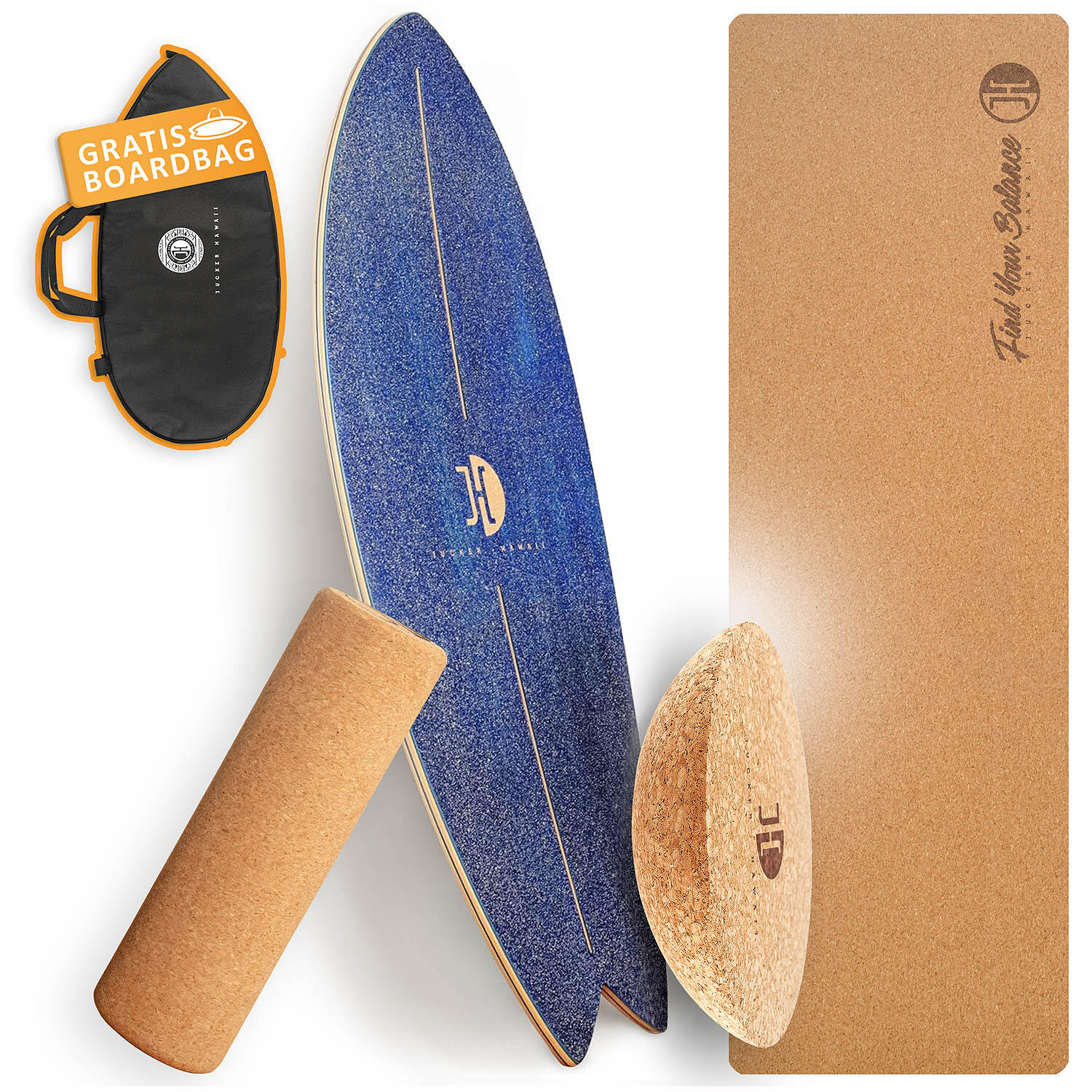 JUCKER HAWAII Balanceboard OCEAN ROCKER Blue XL Set | Korkrolle + Korkmatte + Plank Ball