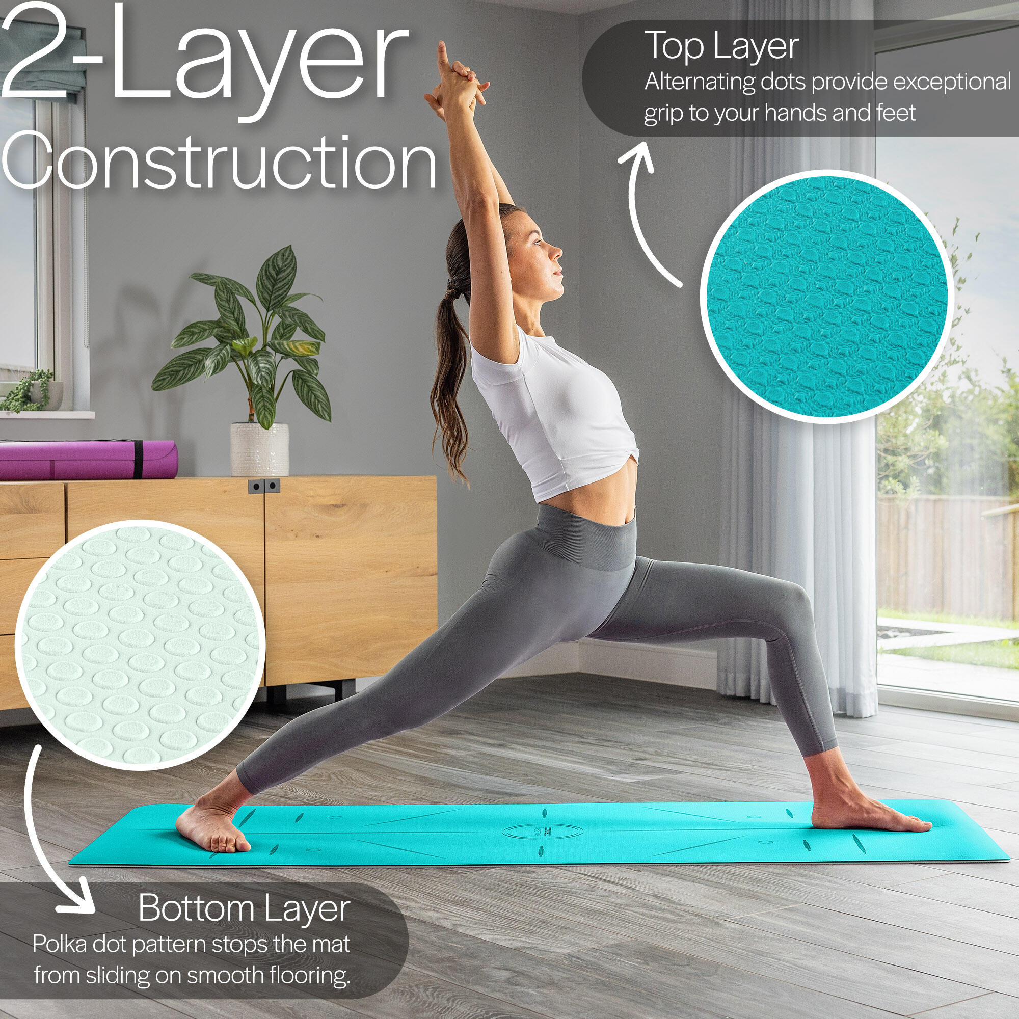 TPE Yoga Mat With Body Alignment Lines Non Slip Extra Wide 6mm Foam Core Balance 3/6