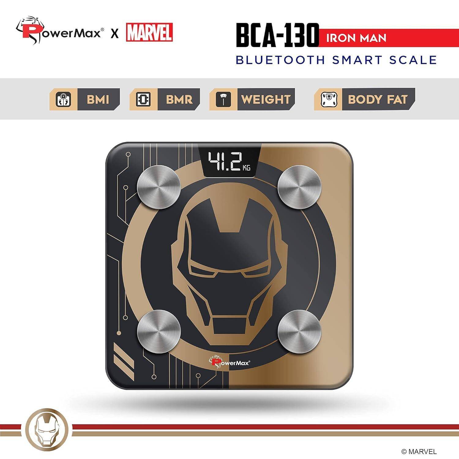 PowerMax X Marvel BCA-130 Marvel Edition Iron Man Series Digital Weight Machine for Human Body - High Accuracy Bathroom Weighing Scale with Step-on Technology & Super Durable 6mm Tempered Glass -  2