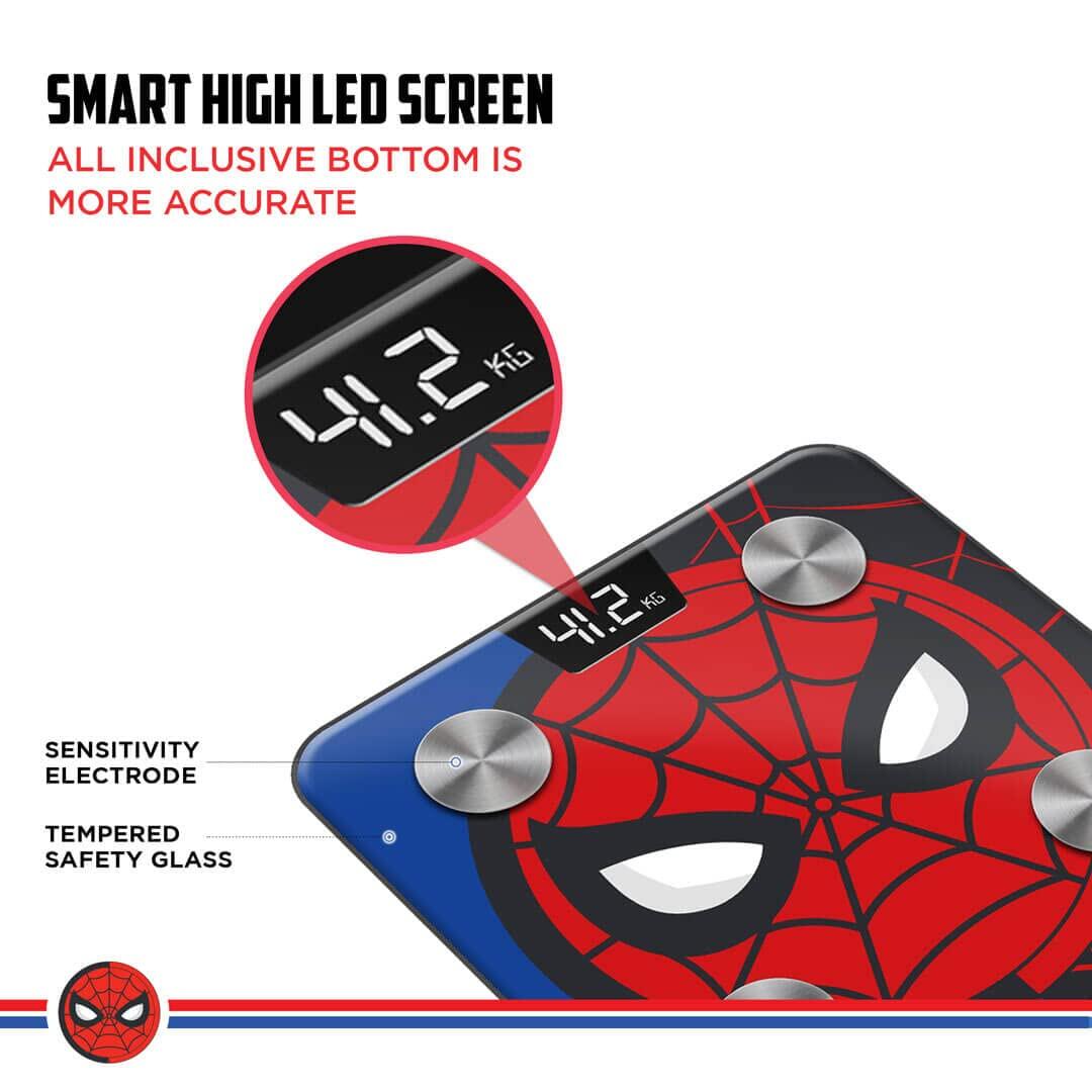 PowerMax X Marvel BCA-145 Spider-Man Edition Digital Bathroom Weight Scale for Human Fitness Body Weight with Max Weighing Capacity 180kg, LED Display, Tempered Glass, Mobile App and Body Fat Analyzer