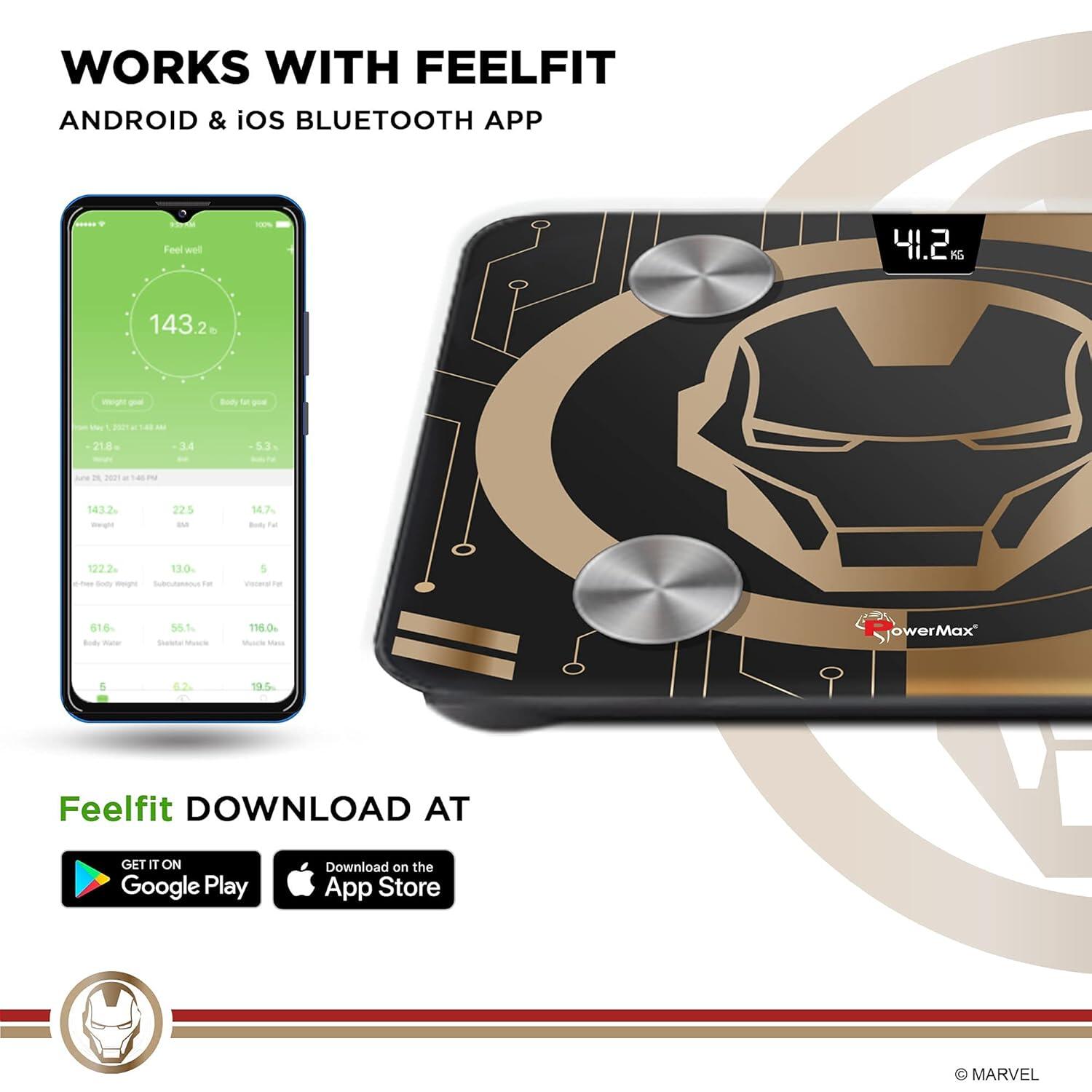 PowerMax X Marvel BCA-130 Marvel Edition Iron Man Series Digital Weight Machine for Human Body - High Accuracy Bathroom Weighing Scale with Step-on Technology & Super Durable 6mm Tempered Glass