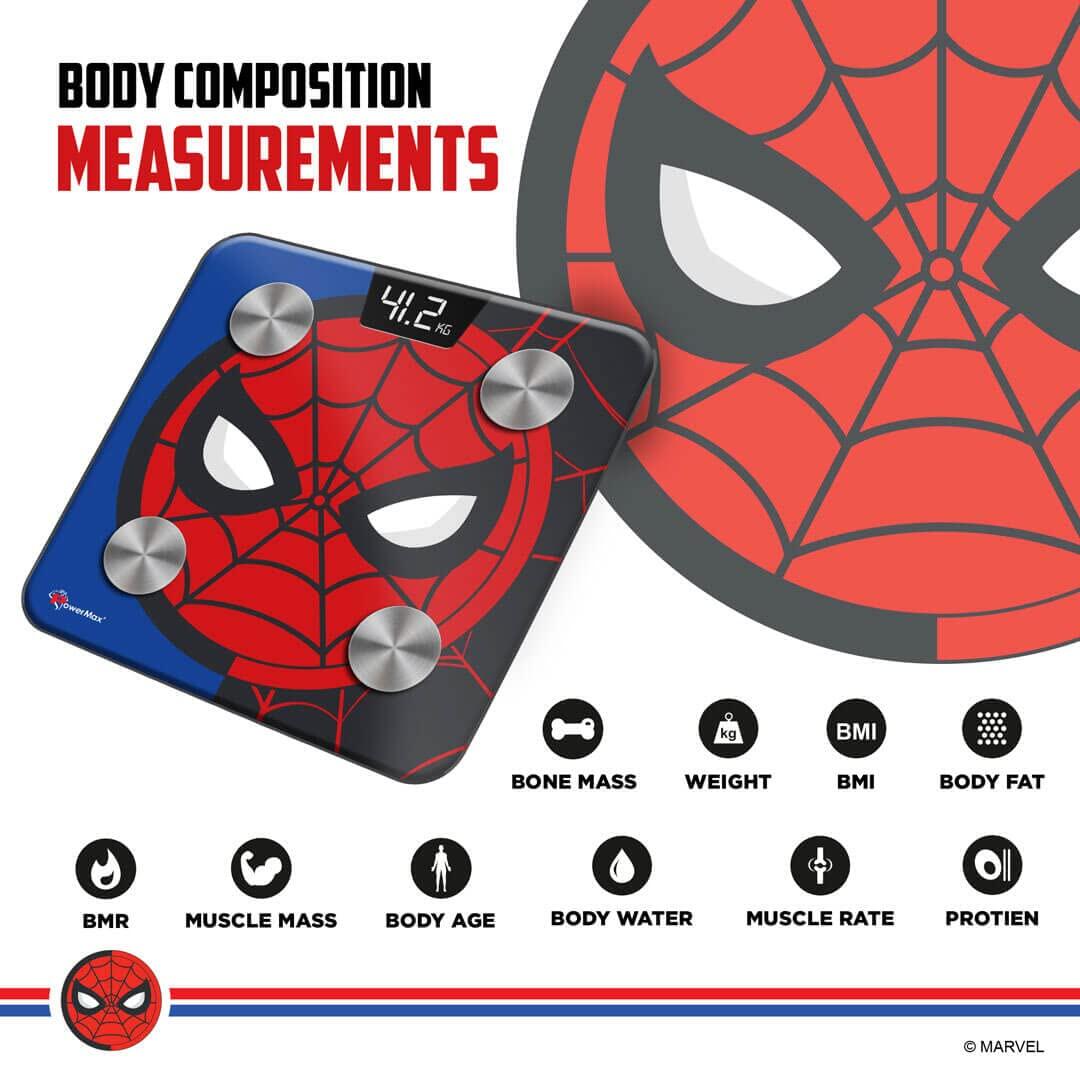 PowerMax X Marvel BCA-145 Spider-Man Edition Digital Bathroom Weight Scale for Human Fitness Body Weight with Max Weighing Capacity 180kg, LED Display, Tempered Glass, Mobile App and Body Fat Analyzer