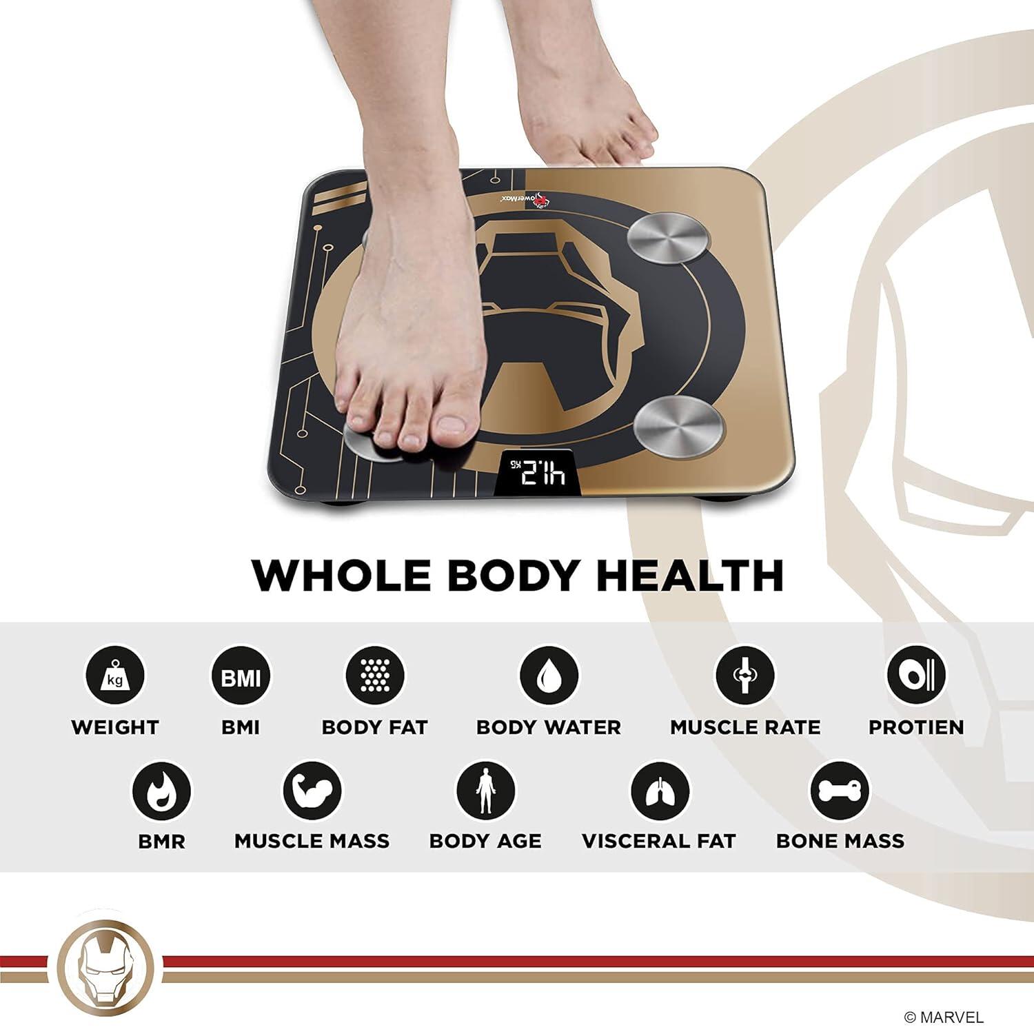 PowerMax X Marvel BCA-130 Marvel Edition Iron Man Series Digital Weight Machine for Human Body - High Accuracy Bathroom Weighing Scale with Step-on Technology & Super Durable 6mm Tempered Glass