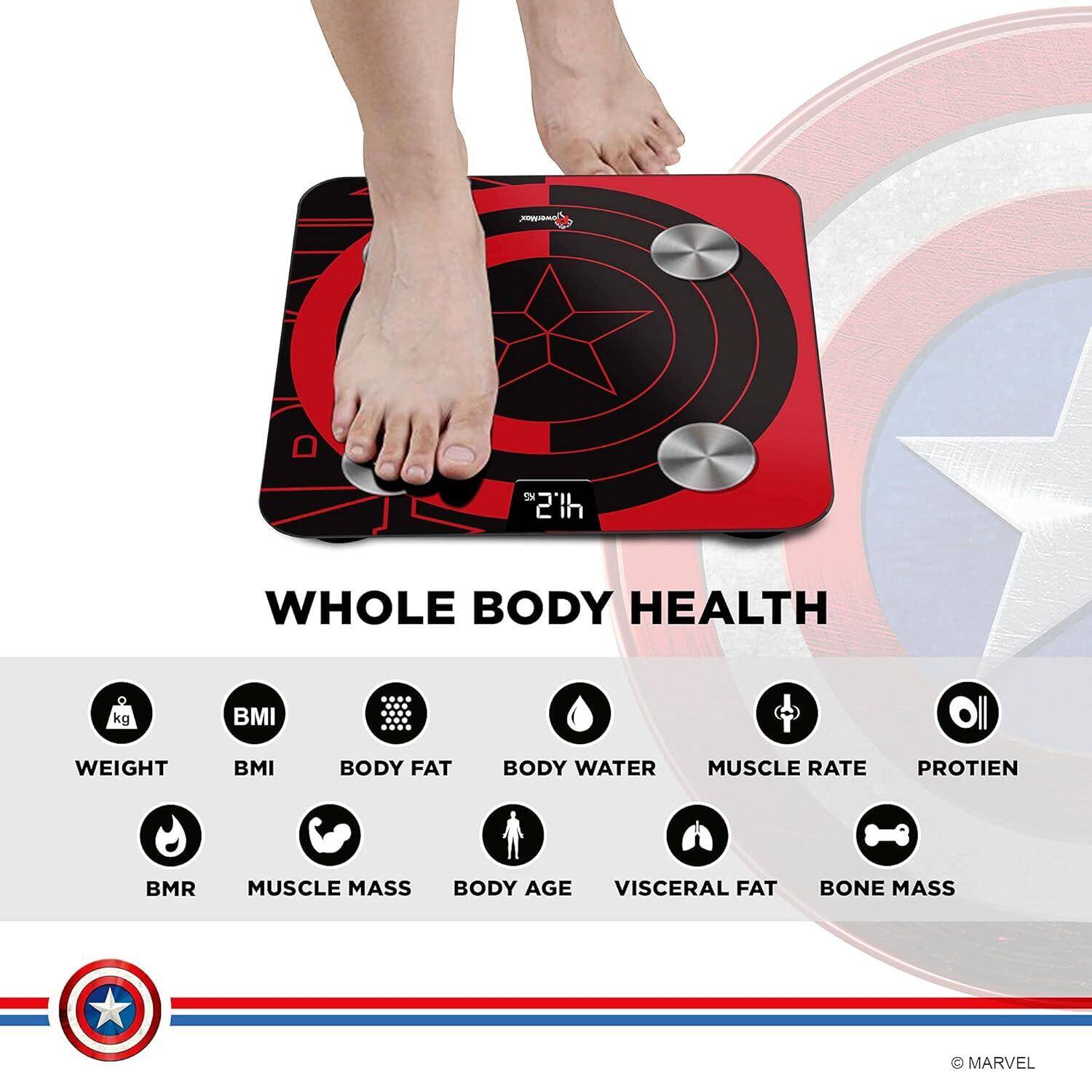 PowerMax X Marvel BCA-130 Marvel Edition Red Captain America Digital Weight Machine for Human Body - High Accuracy Bathroom Weighing Scale with Step-on Technology & Super Durable 6mm Tempered Glass -  5
