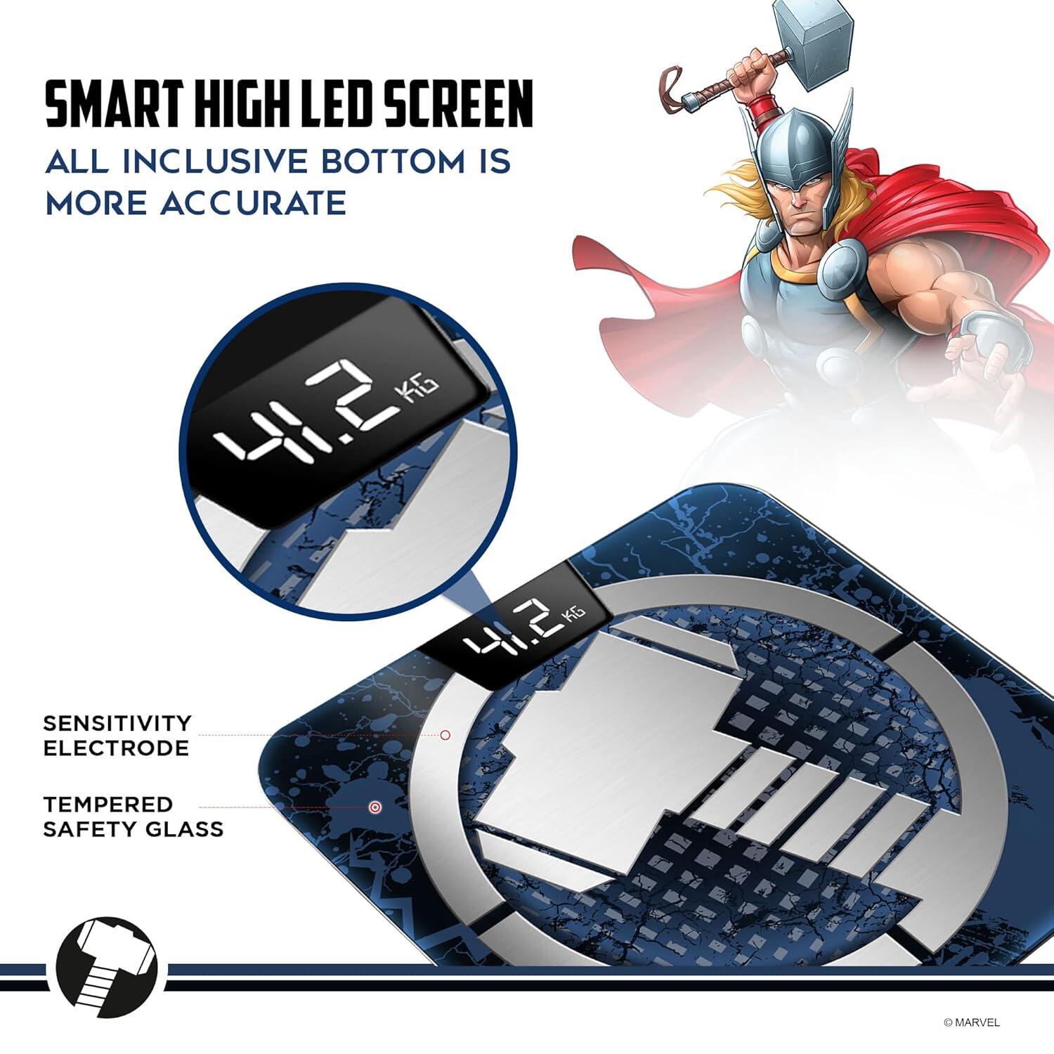 PowerMax X Marvel BCA-140 Thor Edition Digital Bathroom BMI Weight Scale for Human Fitness Body Weight with Max Weighing Capacity 180kg, LED Display, Tempered Glass, Mobile App and Body Fat Analyzer