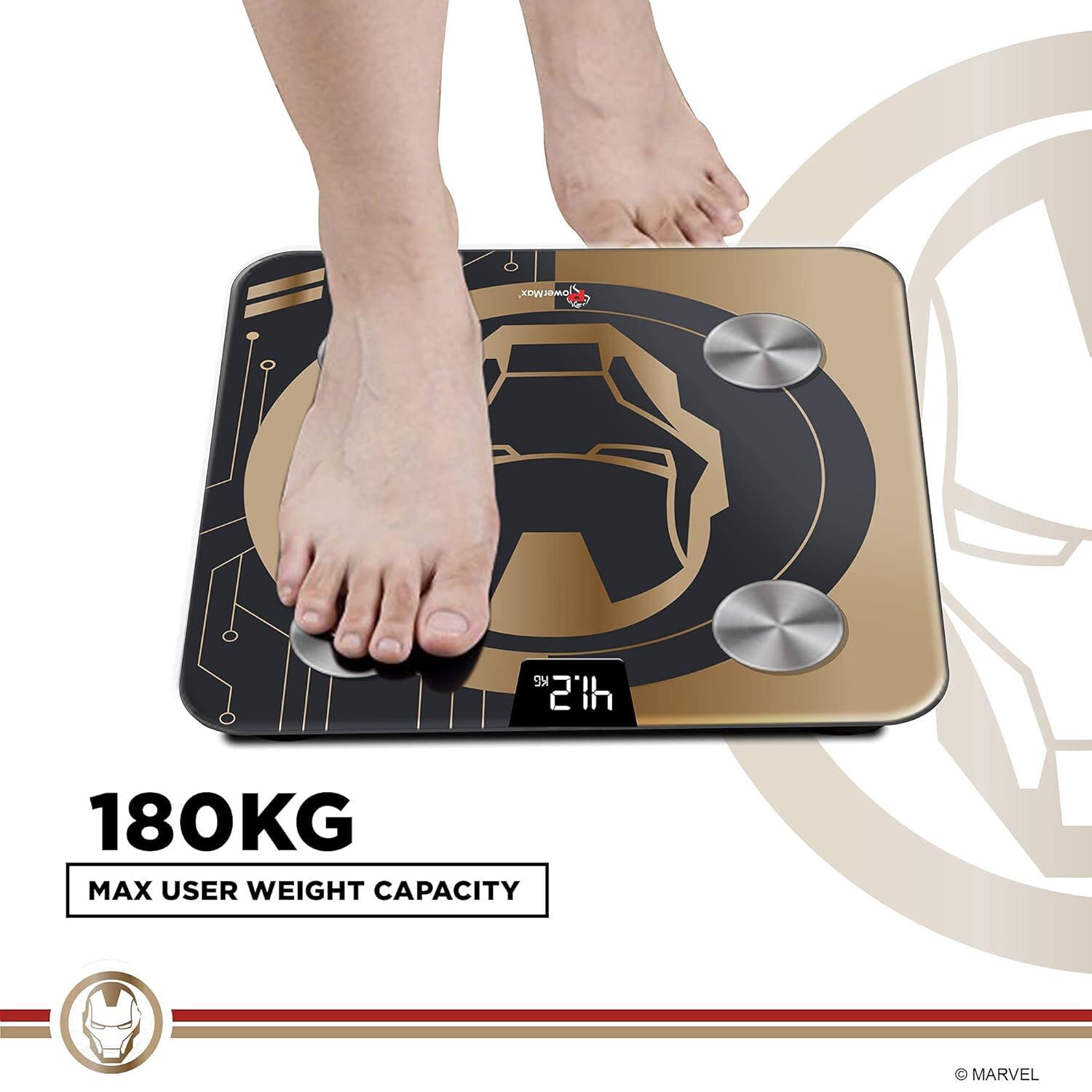 PowerMax X Marvel BCA-130 Marvel Edition Iron Man Series Digital Weight Machine for Human Body - High Accuracy Bathroom Weighing Scale with Step-on Technology & Super Durable 6mm Tempered Glass