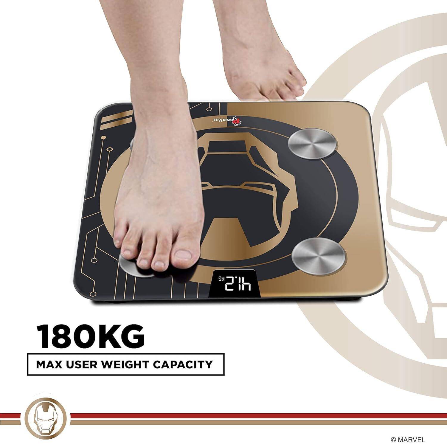 PowerMax X Marvel BCA-130 Marvel Edition Iron Man Series Digital Weight Machine for Human Body - High Accuracy Bathroom Weighing Scale with Step-on Technology & Super Durable 6mm Tempered Glass -  3