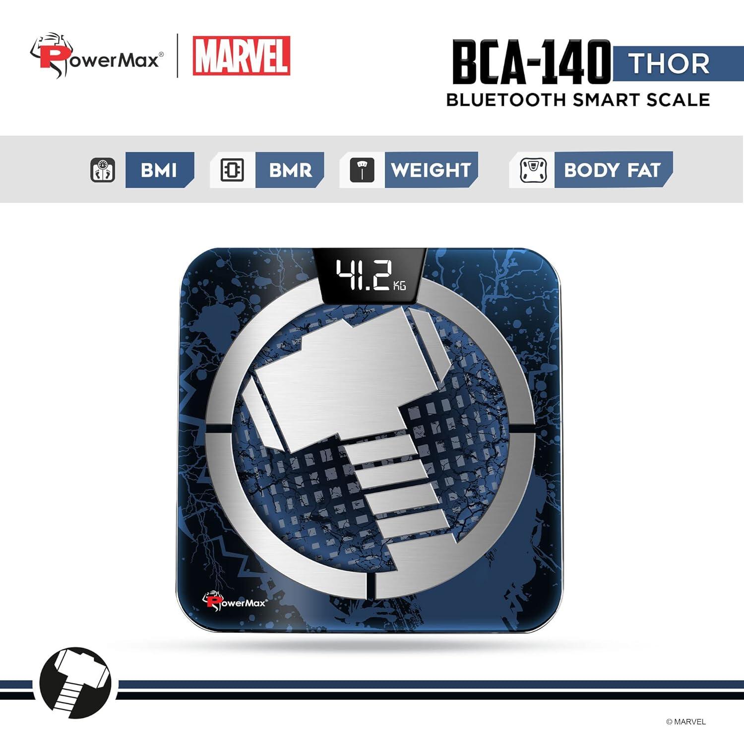 PowerMax X Marvel BCA-140 Thor Edition Digital Bathroom BMI Weight Scale for Human Fitness Body Weight with Max Weighing Capacity 180kg, LED Display, Tempered Glass, Mobile App and Body Fat Analyzer