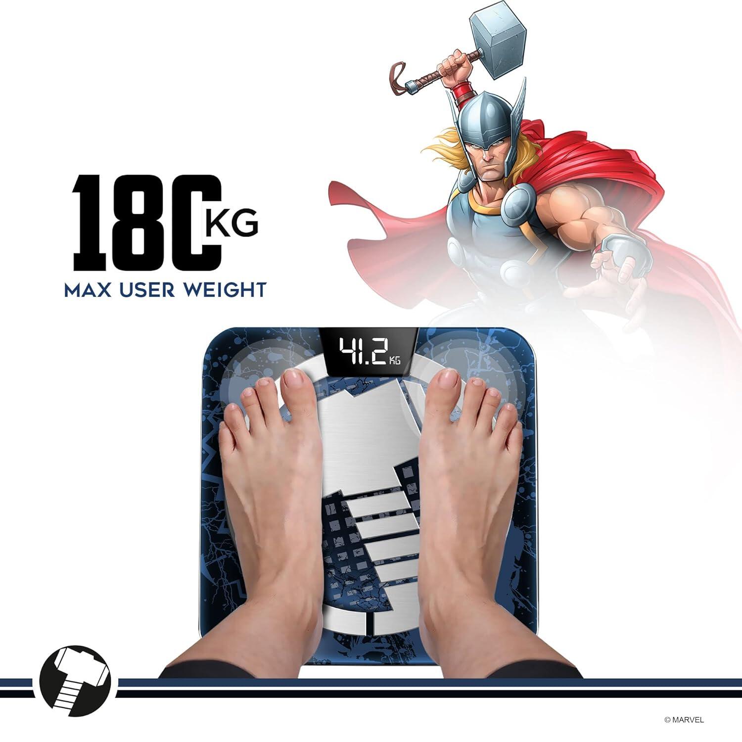 PowerMax X Marvel BCA-140 Thor Edition Digital Bathroom BMI Weight Scale for Human Fitness Body Weight with Max Weighing Capacity 180kg, LED Display, Tempered Glass, Mobile App and Body Fat Analyzer