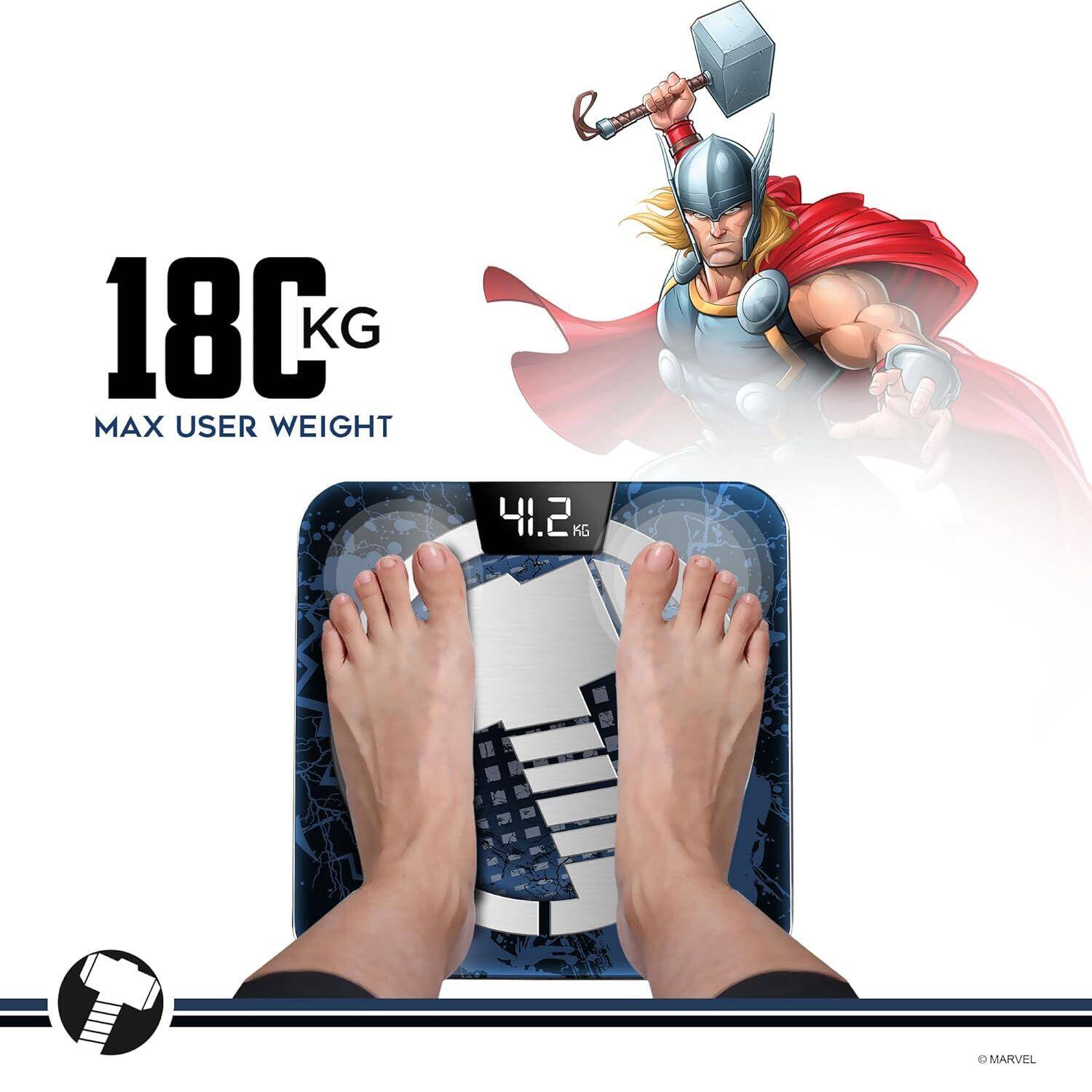 PowerMax X Marvel BCA-140 Thor Edition Digital Bathroom BMI Weight Scale for Human Fitness Body Weight with Max Weighing Capacity 180kg, LED Display, Tempered Glass, Mobile App and Body Fat Analyzer -  3